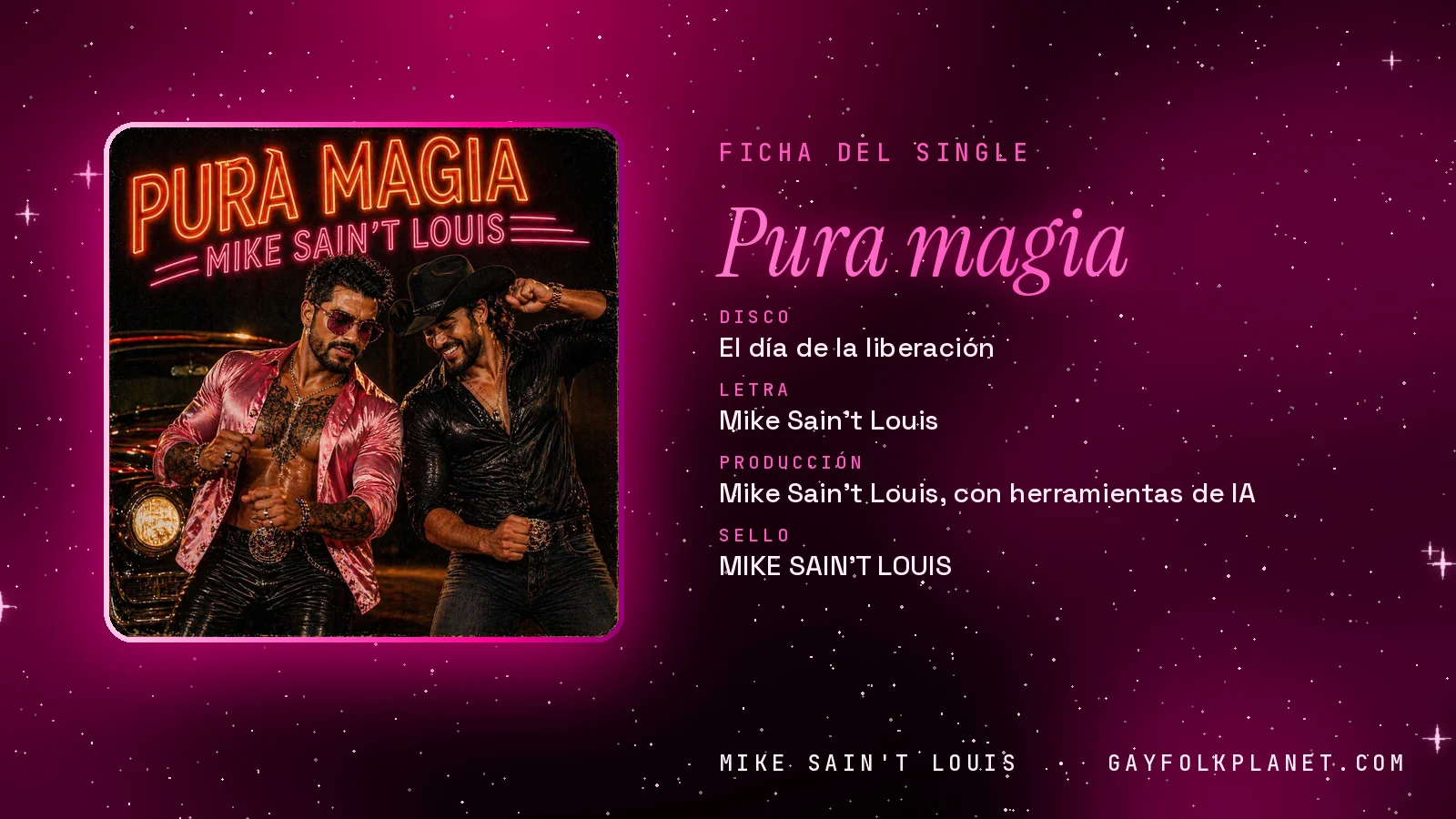Ficha de la canción «Pura magia» con su carátula: disco «El día de la liberación», letra y producción de Mike Sain't Louis