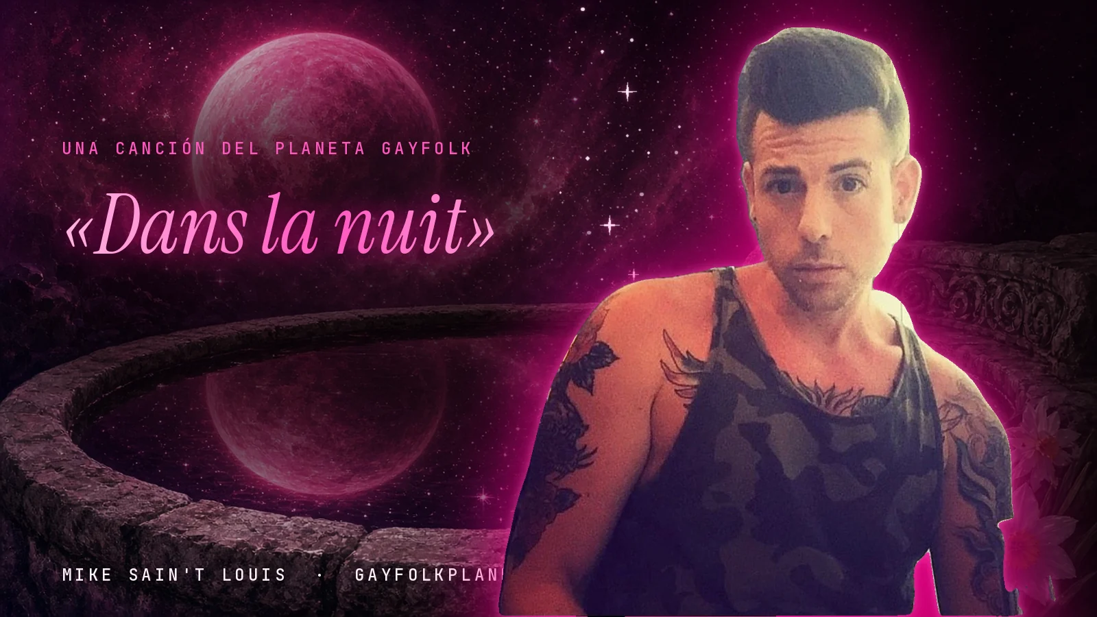 Mike Sain't Louis junto a una fuente que refleja un planeta magenta, junto al título «Dans la nuit»
