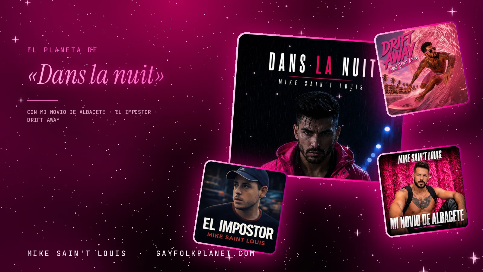 Collage con un detalle de la carátula de «Dans la nuit» y las carátulas de «Mi novio de Albacete», «El impostor», «Drift Away»