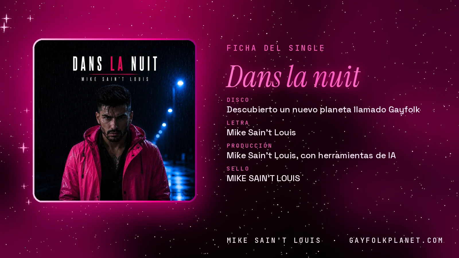 Ficha de la canción «Dans la nuit» con su carátula: disco «Descubierto un nuevo planeta llamado Gayfolk», letra y producción de Mike Sain't Louis
