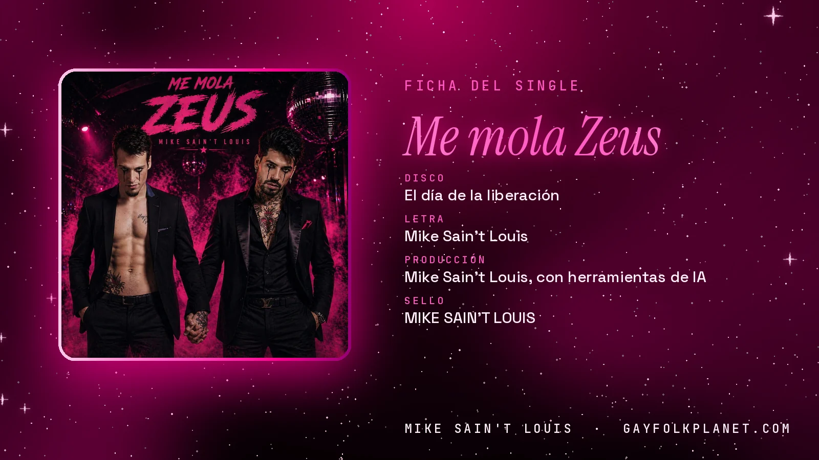 Ficha de la canción «Me mola Zeus» con su carátula: disco «El día de la liberación», letra y producción de Mike Sain't Louis