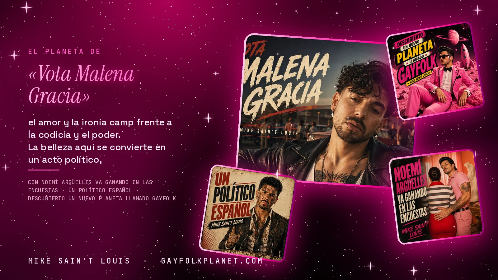 Collage con un detalle de la carátula de «Vota Malena Gracia» y las carátulas de «Noemí Argüelles va ganando en las encuestas», «Un político español», «Descubierto un nuevo planeta llamado Gayfolk»