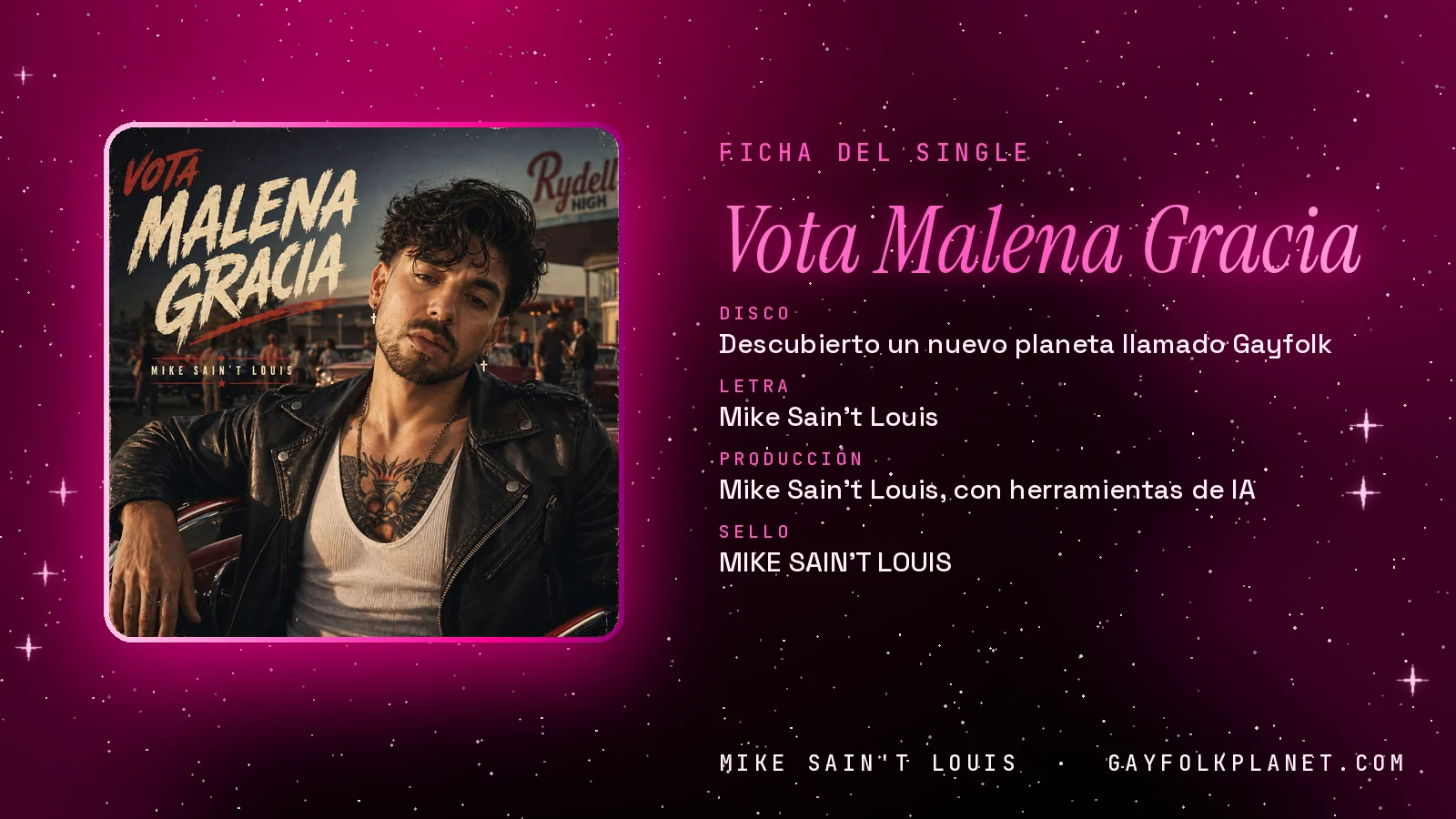 Ficha de la canción «Vota Malena Gracia» con su carátula: disco «Descubierto un nuevo planeta llamado Gayfolk», letra y producción de Mike Sain't Louis