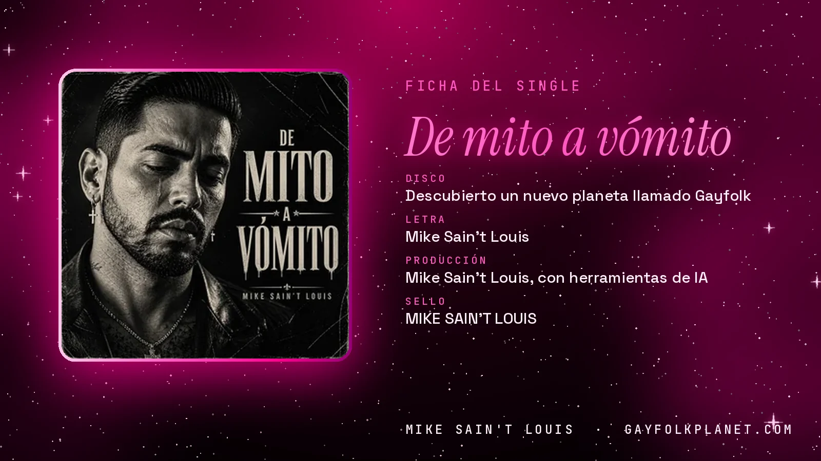Ficha de la canción «De mito a vómito» con su carátula: disco «Descubierto un nuevo planeta llamado Gayfolk», letra y producción de Mike Sain't Louis