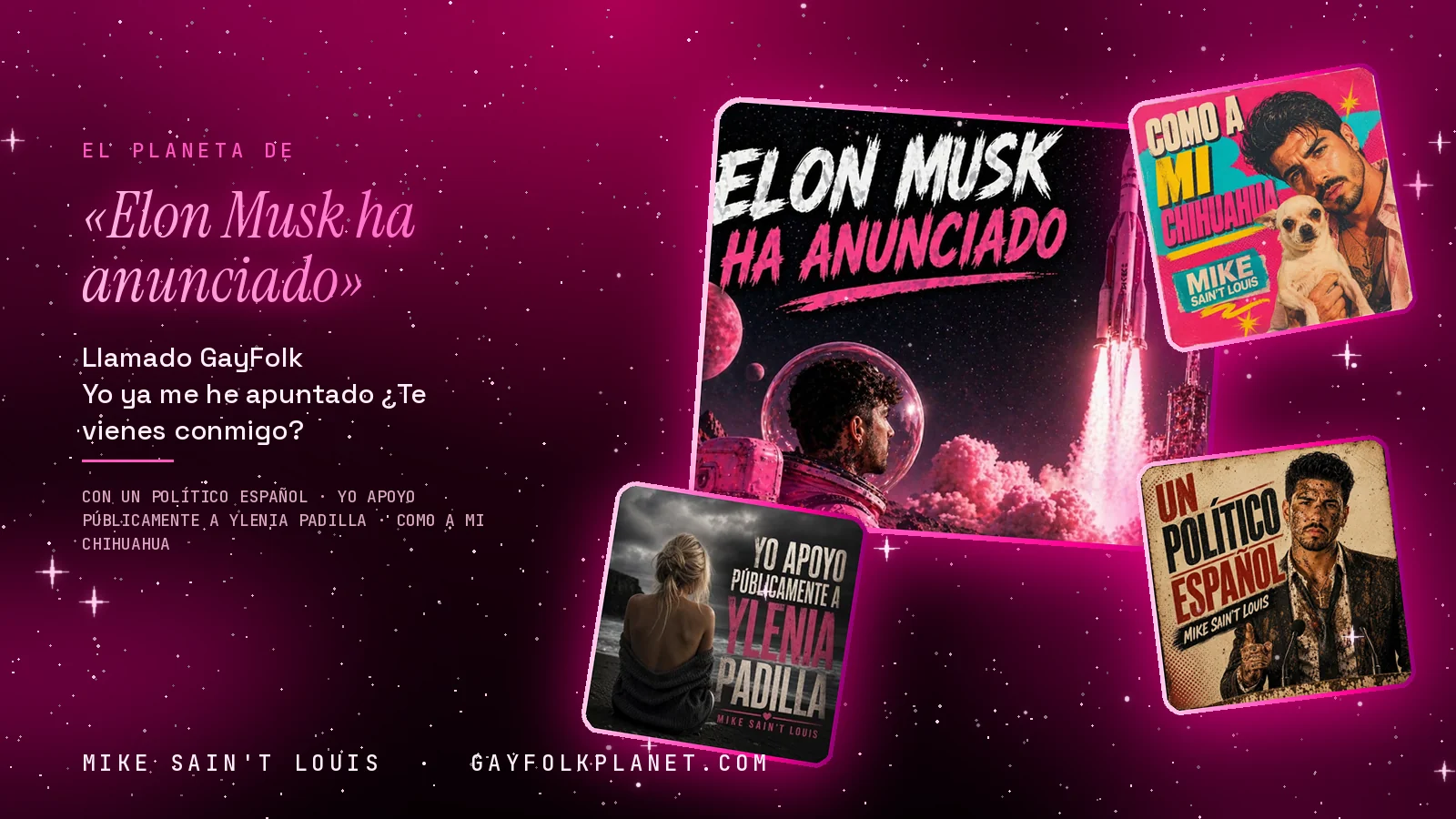 Collage con un detalle de la carátula de «Elon Musk ha anunciado» y las carátulas de «Un político español», «Yo apoyo públicamente a Ylenia Padilla», «Como a mi chihuahua»
