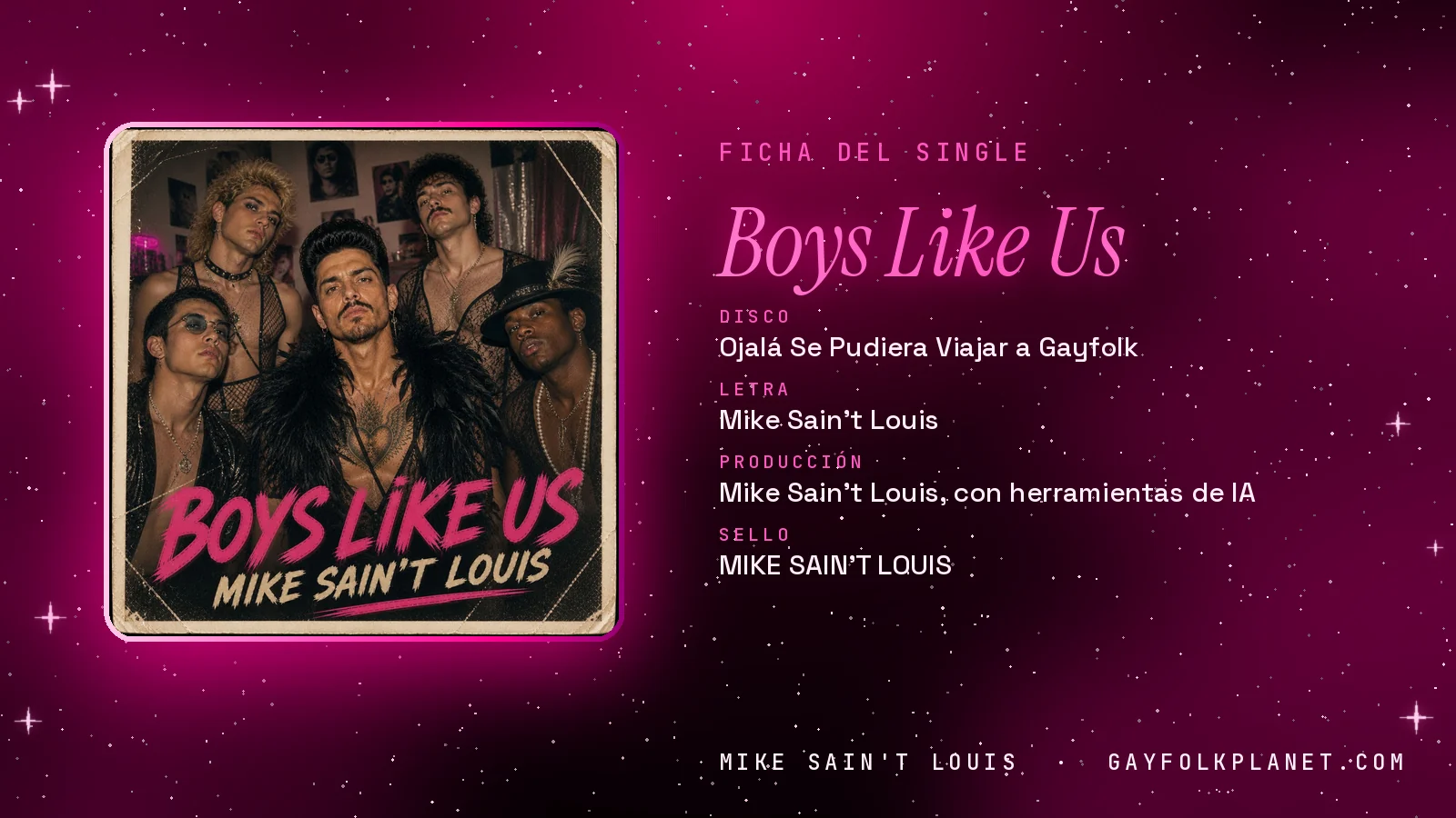 Ficha de la canción «Boys Like Us» con su carátula: disco «Ojalá Se Pudiera Viajar a Gayfolk», letra y producción de Mike Sain't Louis