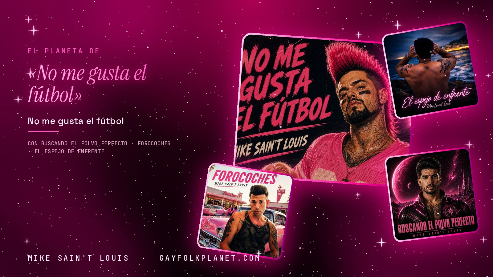 Collage con un detalle de la carátula de «No me gusta el fútbol» y las carátulas de «Buscando el polvo perfecto», «Forocoches», «El espejo de enfrente»