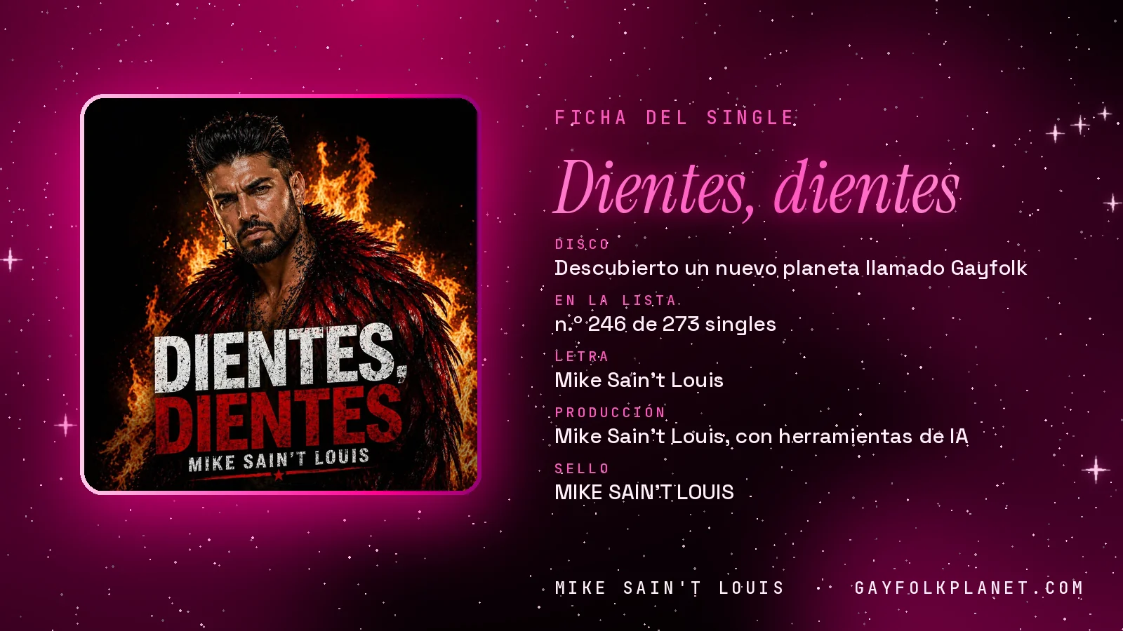 Ficha de la canción «Dientes, dientes» con su carátula: disco «Descubierto un nuevo planeta llamado Gayfolk», letra y producción de Mike Sain't Louis