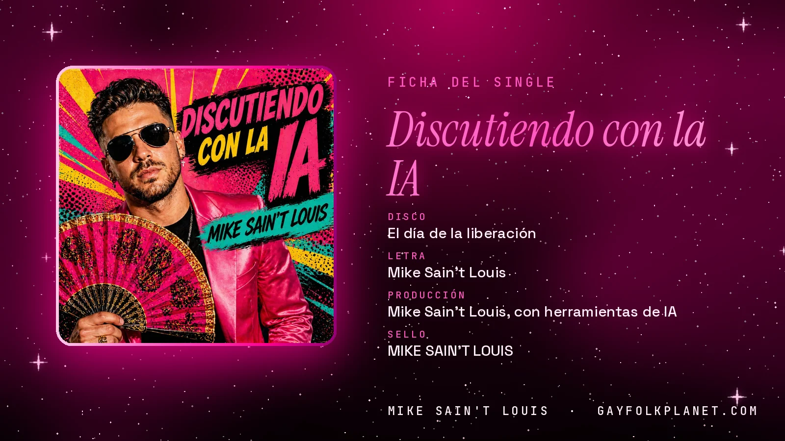 Ficha de la canción «Discutiendo con la IA» con su carátula: disco «El día de la liberación», letra y producción de Mike Sain't Louis