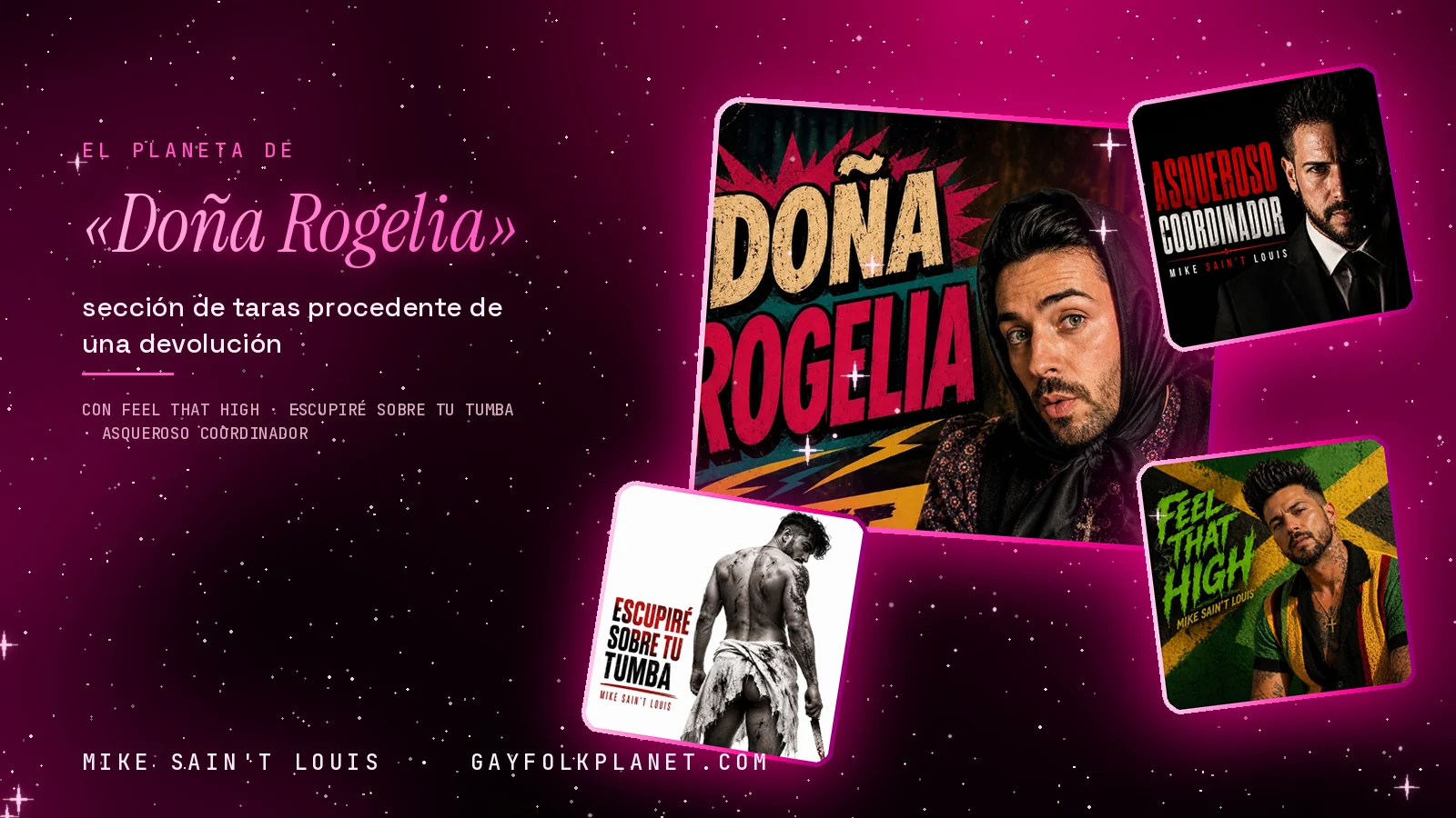 Collage con un detalle de la carátula de «Doña Rogelia» y las carátulas de «FEEL THAT HIGH», «ESCUPIRÉ SOBRE TU TUMBA», «Asqueroso coordinador»