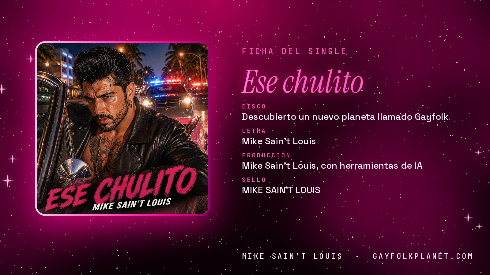 Ficha de la canción «Ese chulito» con su carátula: disco «Descubierto un nuevo planeta llamado Gayfolk», letra y producción de Mike Sain't Louis