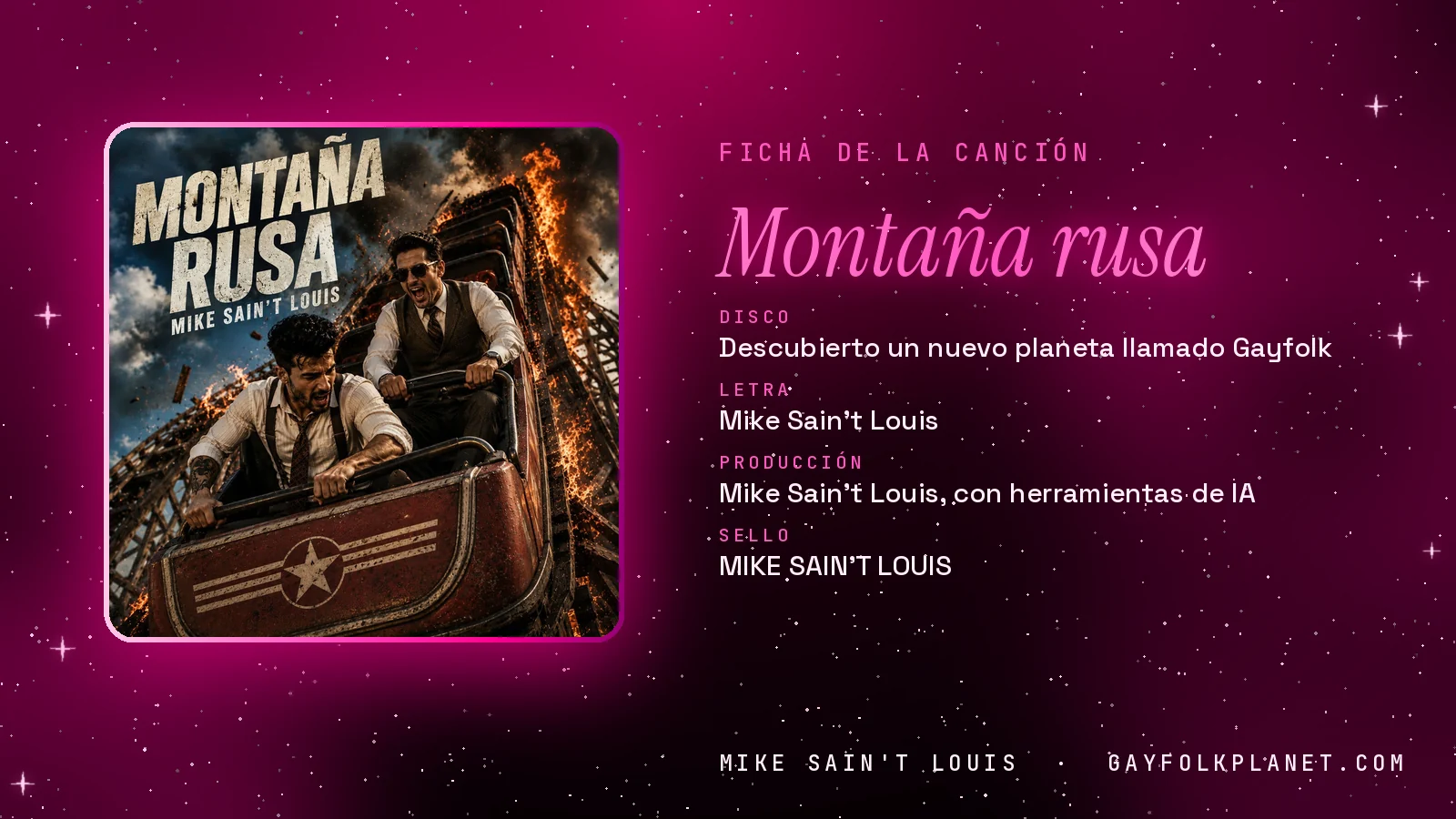 Ficha de «Montaña rusa», del disco «Descubierto un nuevo planeta llamado Gayfolk», con su carátula: dos hombres con chaleco en un vagón de madera, con llamas y humo detrás