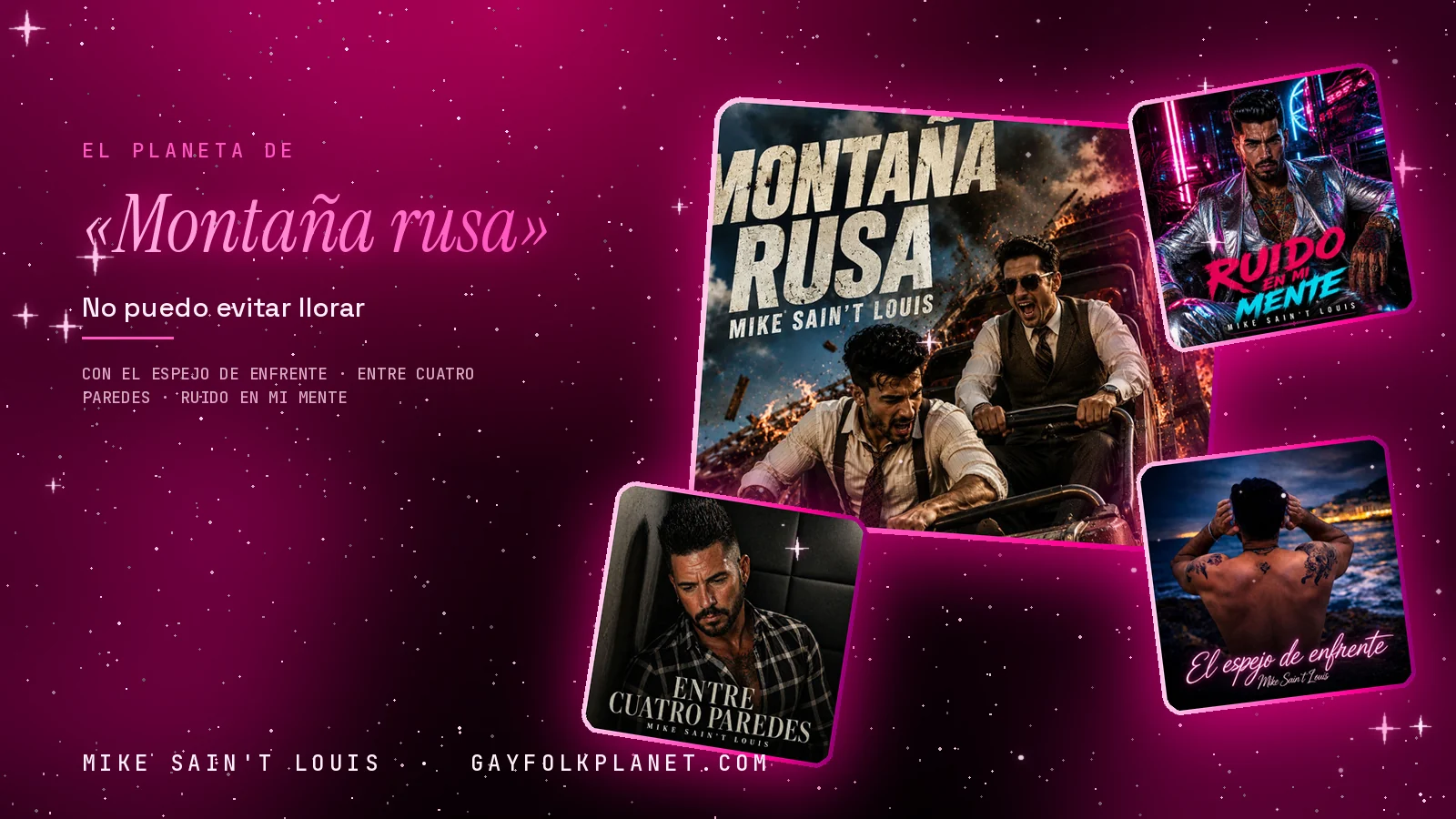 Collage con la carátula de «Montaña rusa» y las de «Ruido en mi mente», «Entre cuatro paredes» y «El espejo de enfrente», con el verso «No puedo evitar llorar»
