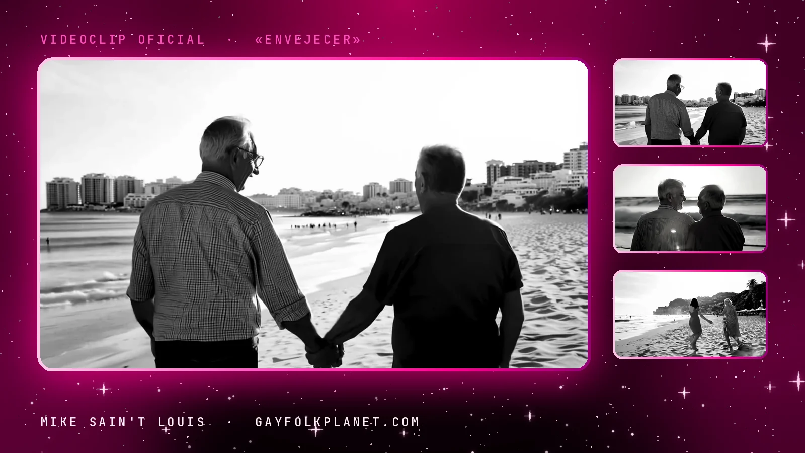 Fotograma en blanco y negro del videoclip de «Envejecer»: dos hombres mayores, de espaldas, caminan de la mano por la arena hacia una hilera de edificios junto al mar, con tres miniaturas de otras parejas mayores en la orilla y de dos mujeres que pasean junto al agua