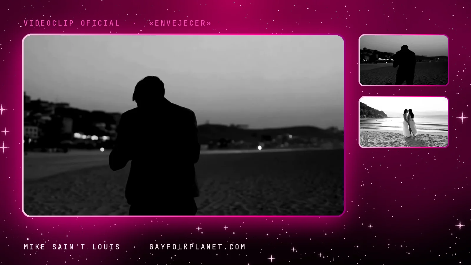 Fotograma en blanco y negro del videoclip de «Envejecer»: una silueta solitaria de pie en la playa al anochecer con las luces de la costa encendiéndose al fondo, junto a dos miniaturas de la misma silueta y de dos novias que se alejan hacia el mar
