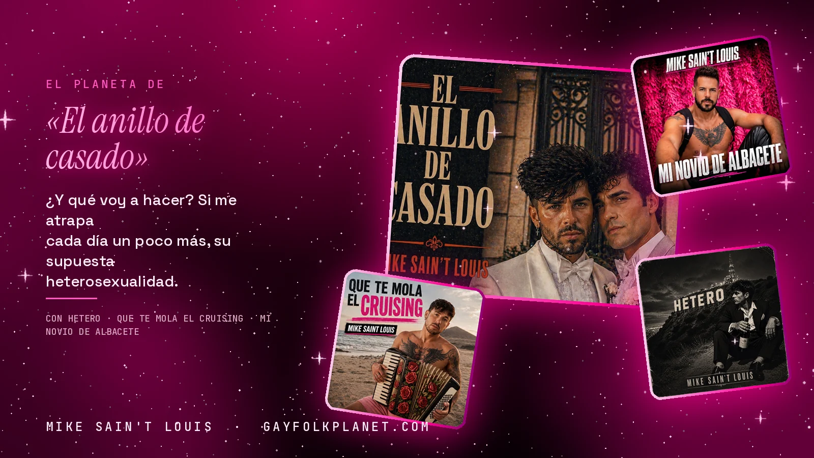 Collage con un detalle de la carátula de «El anillo de casado» y las carátulas de «Hetero», «Que te mola el cruising», «Mi novio de Albacete»