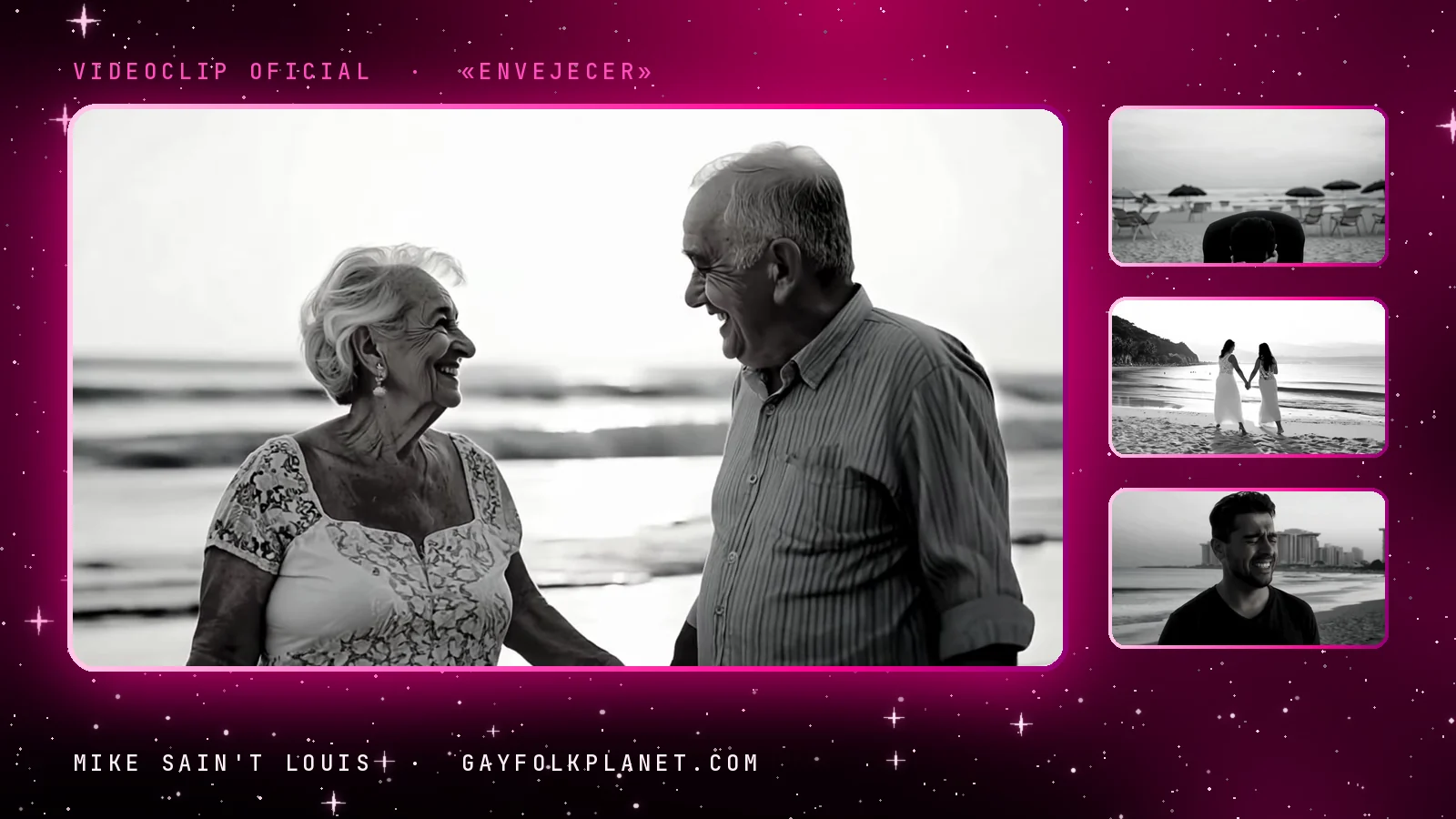 Fotogramas en blanco y negro del videoclip de «Envejecer»: una pareja de mayores se ríe en la orilla, un chico encogido junto a las sombrillas, dos mujeres de blanco de la mano por la arena y el chico sonriendo ante unos edificios junto al mar