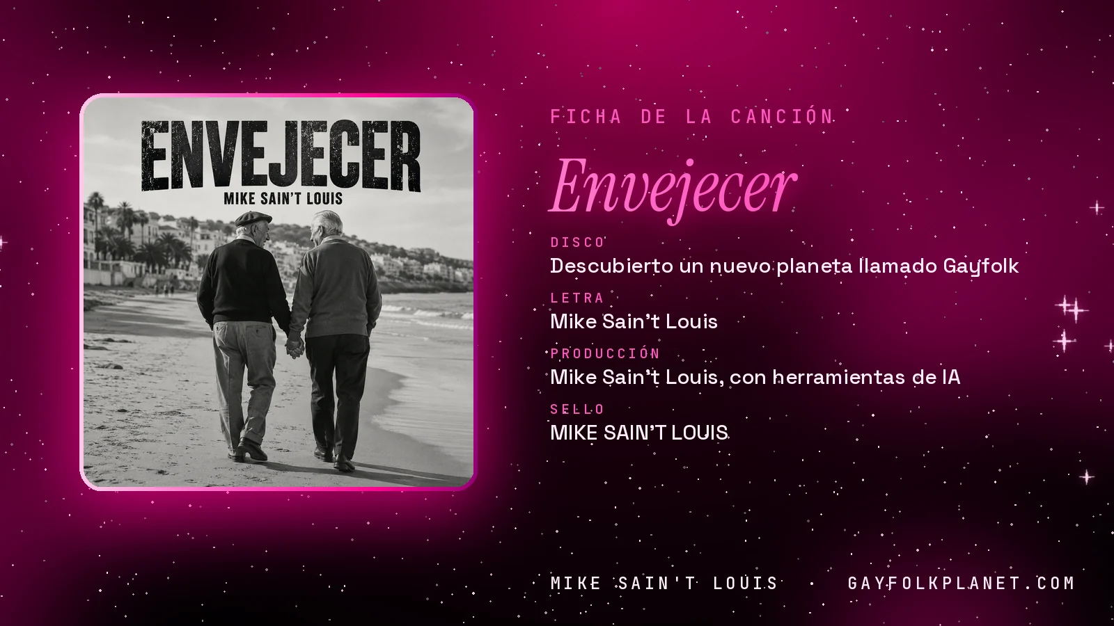 Ficha de «Envejecer», del disco «Descubierto un nuevo planeta llamado Gayfolk», con su carátula en blanco y negro de dos hombres mayores que caminan de la mano por la playa