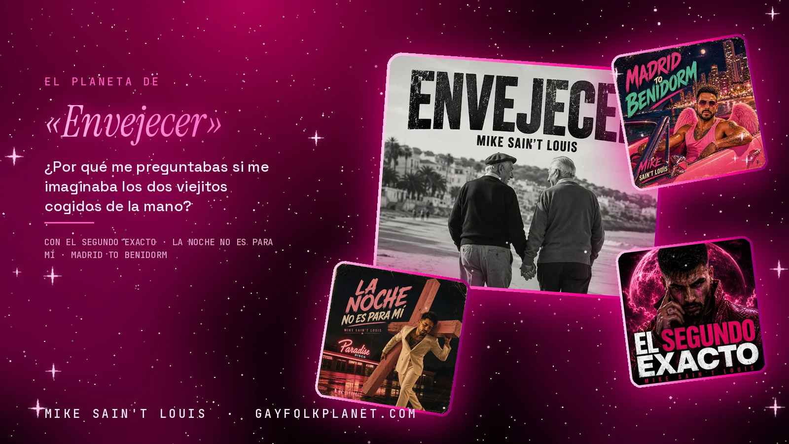 Collage con la carátula de «Envejecer» y las de «El segundo exacto», «La noche no es para mí» y «Madrid to Benidorm», junto a la pregunta de los dos viejitos cogidos de la mano