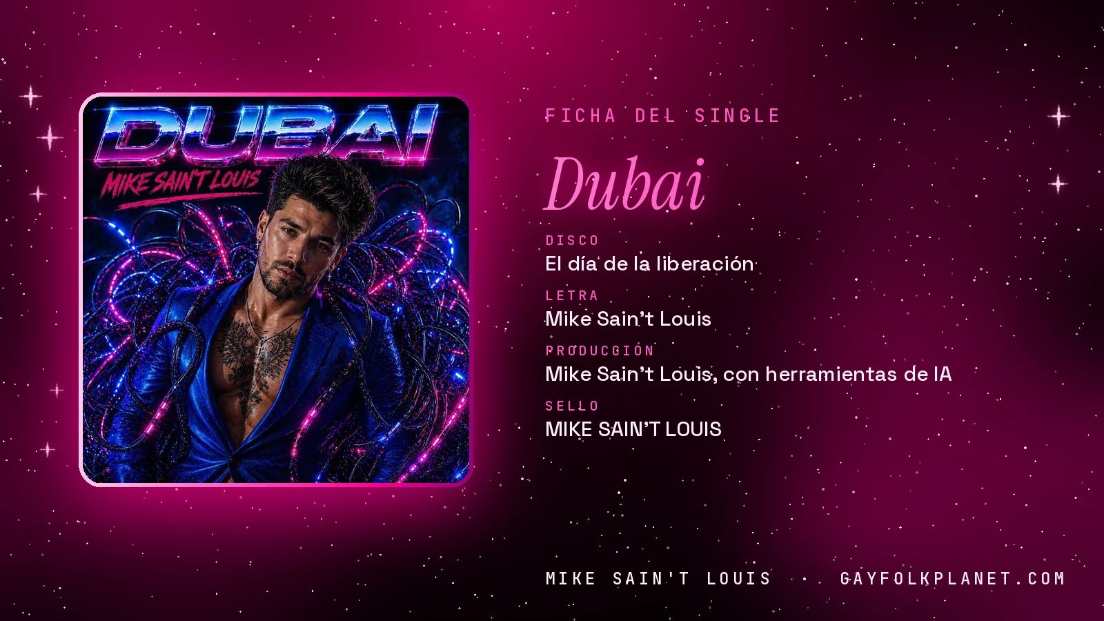 Ficha de la canción «Dubai» con su carátula: disco «El día de la liberación», letra y producción de Mike Sain't Louis
