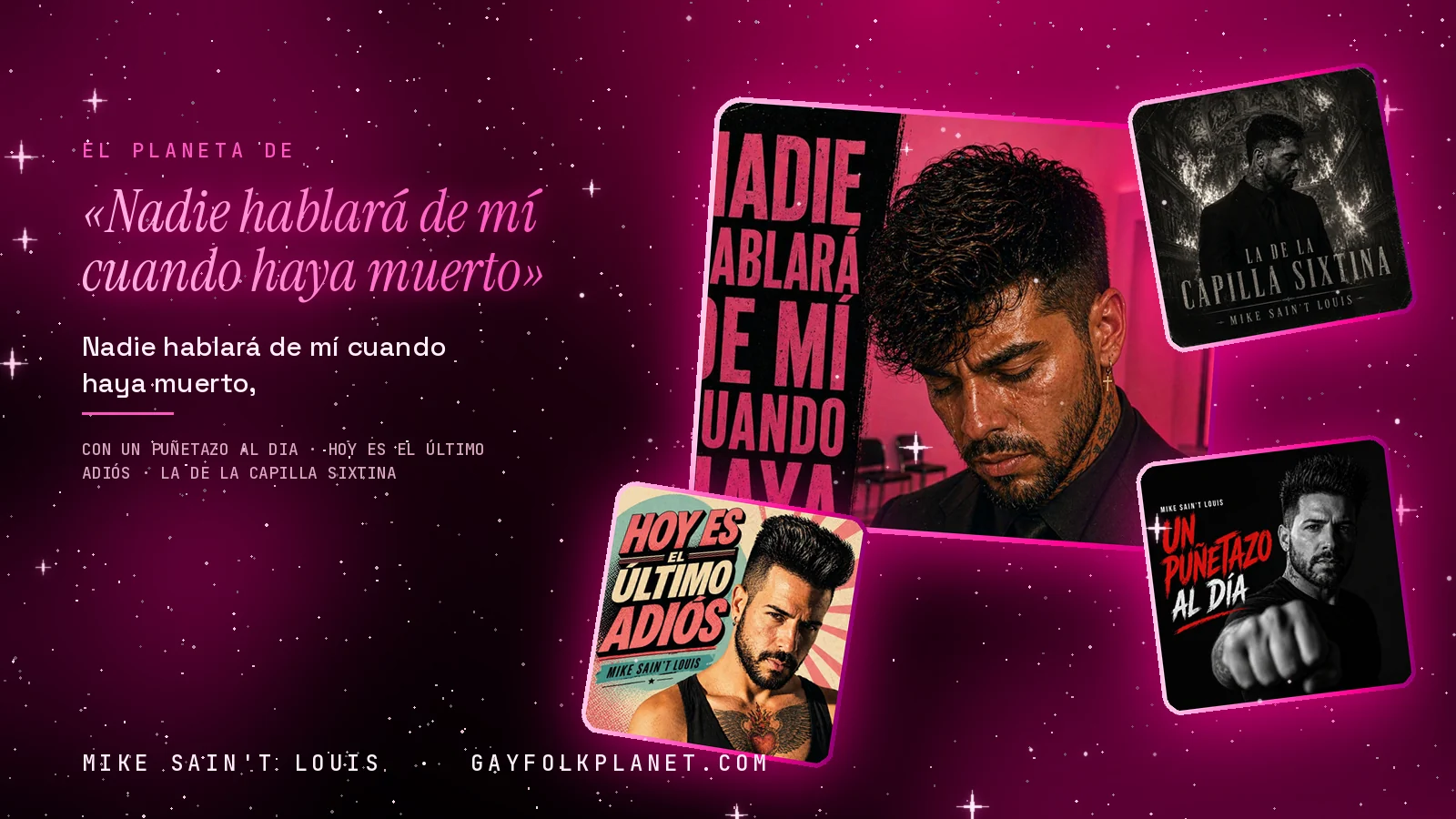 Collage con un detalle de la carátula de «Nadie hablará de mí cuando haya muerto» y las carátulas de «Un puñetazo al dia», «Hoy es el último adiós», «La de la Capilla Sixtina»