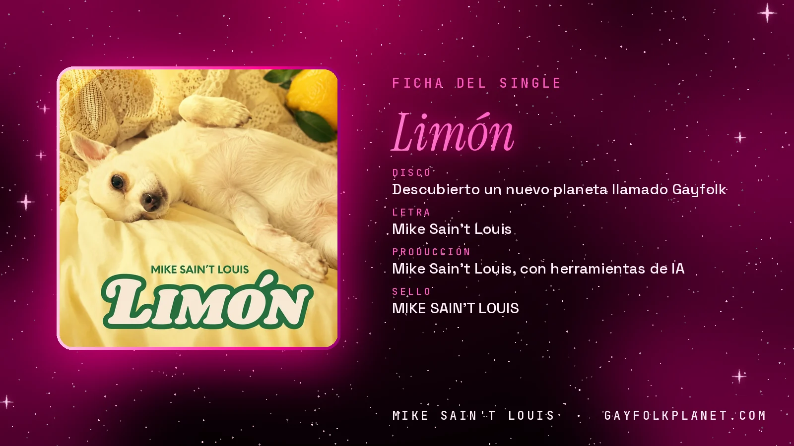 Ficha de la canción «Limón» con su carátula: disco «Descubierto un nuevo planeta llamado Gayfolk», letra y producción de Mike Sain't Louis