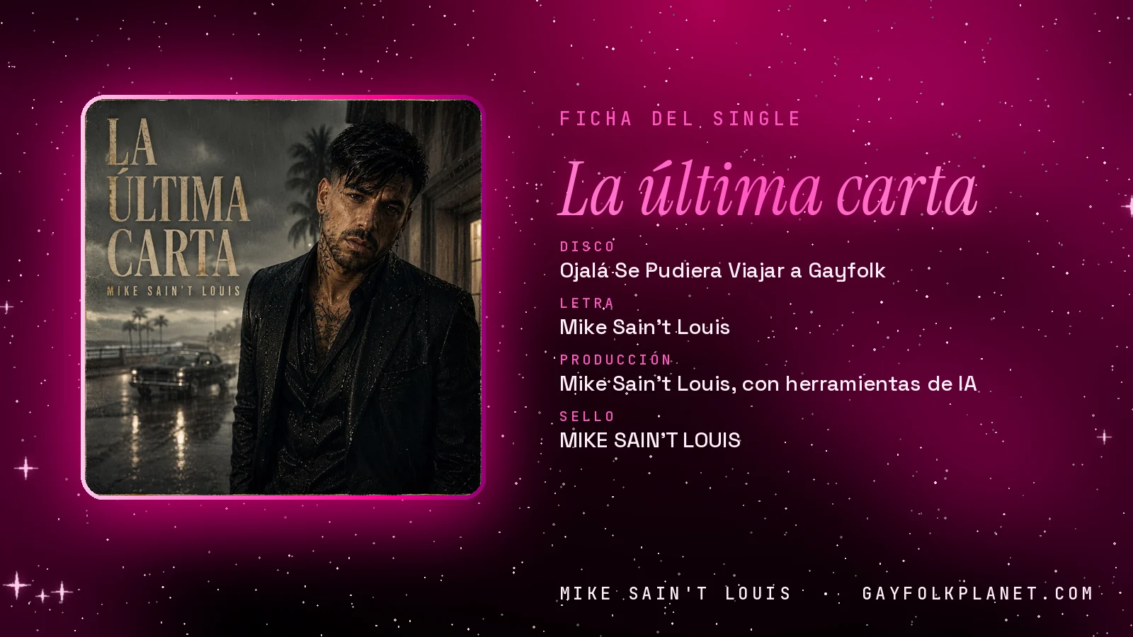 Ficha de la canción «La última carta» con su carátula: disco «Ojalá Se Pudiera Viajar a Gayfolk», letra y producción de Mike Sain't Louis