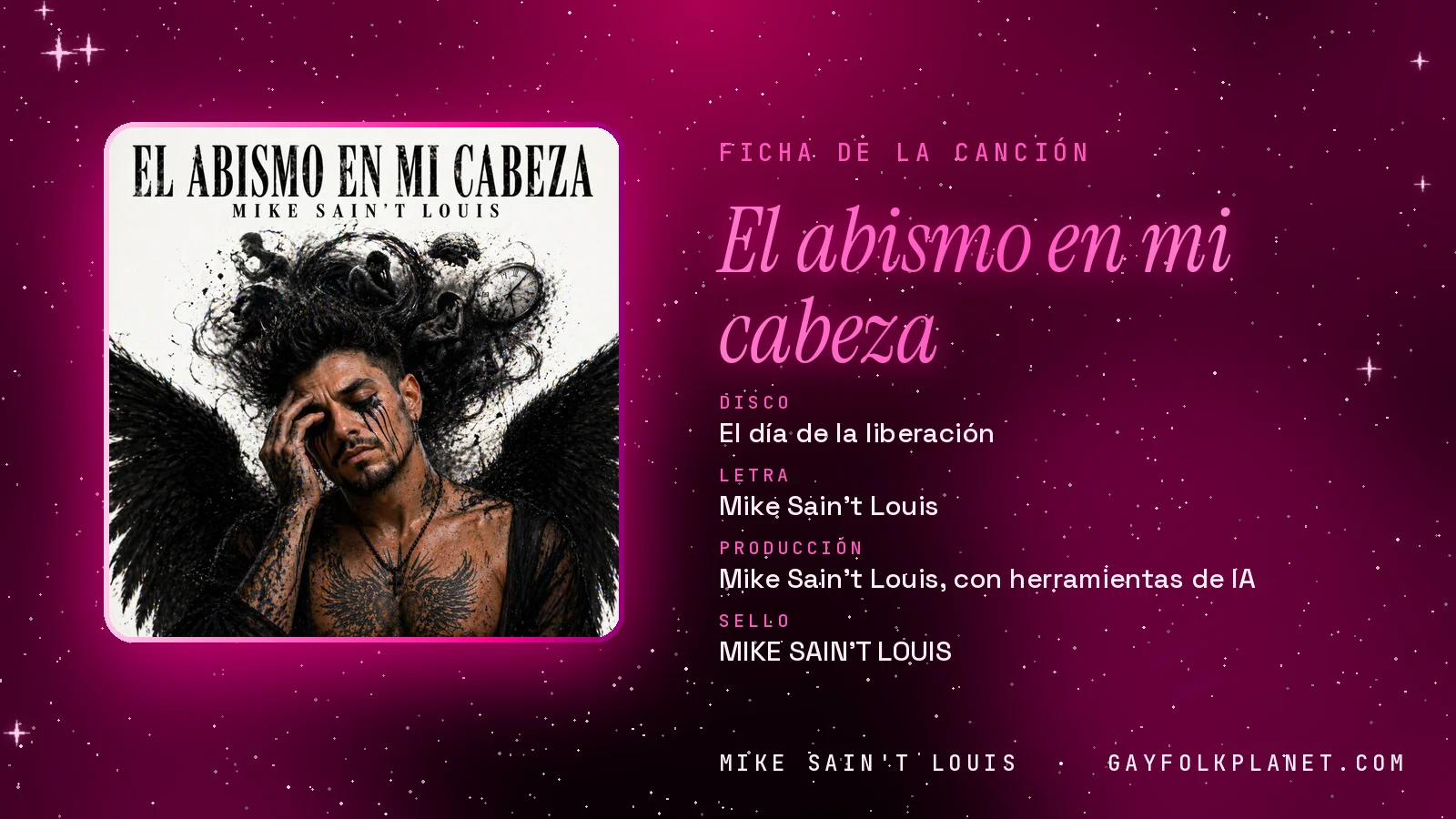 Ficha de «El abismo en mi cabeza», del disco «El día de la liberación», con su carátula: un hombre con la mano en la frente y lágrimas oscuras en la mejilla, con alas negras y una maraña de trazos de tinta alrededor de la cabeza