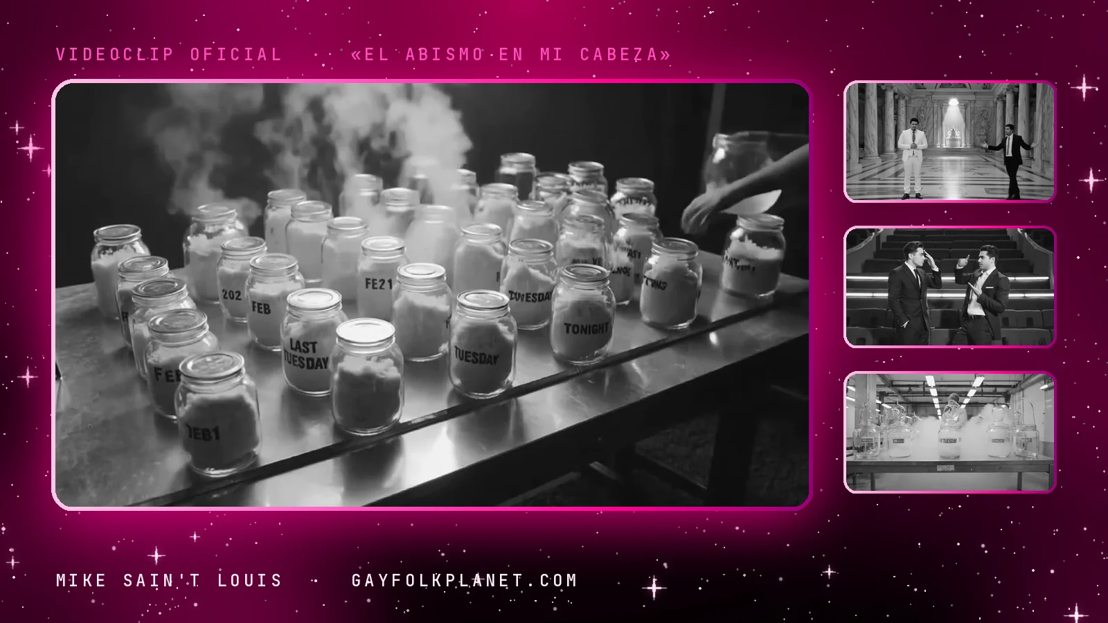 Fotogramas en blanco y negro del videoclip de «El abismo en mi cabeza»: una mesa llena de frascos de cristal con fechas escritas en las etiquetas y humo blanco al fondo, junto a dos hombres de esmoquin en un salón de mármol, dos en un patio de butacas y una mesa de laboratorio con más frascos