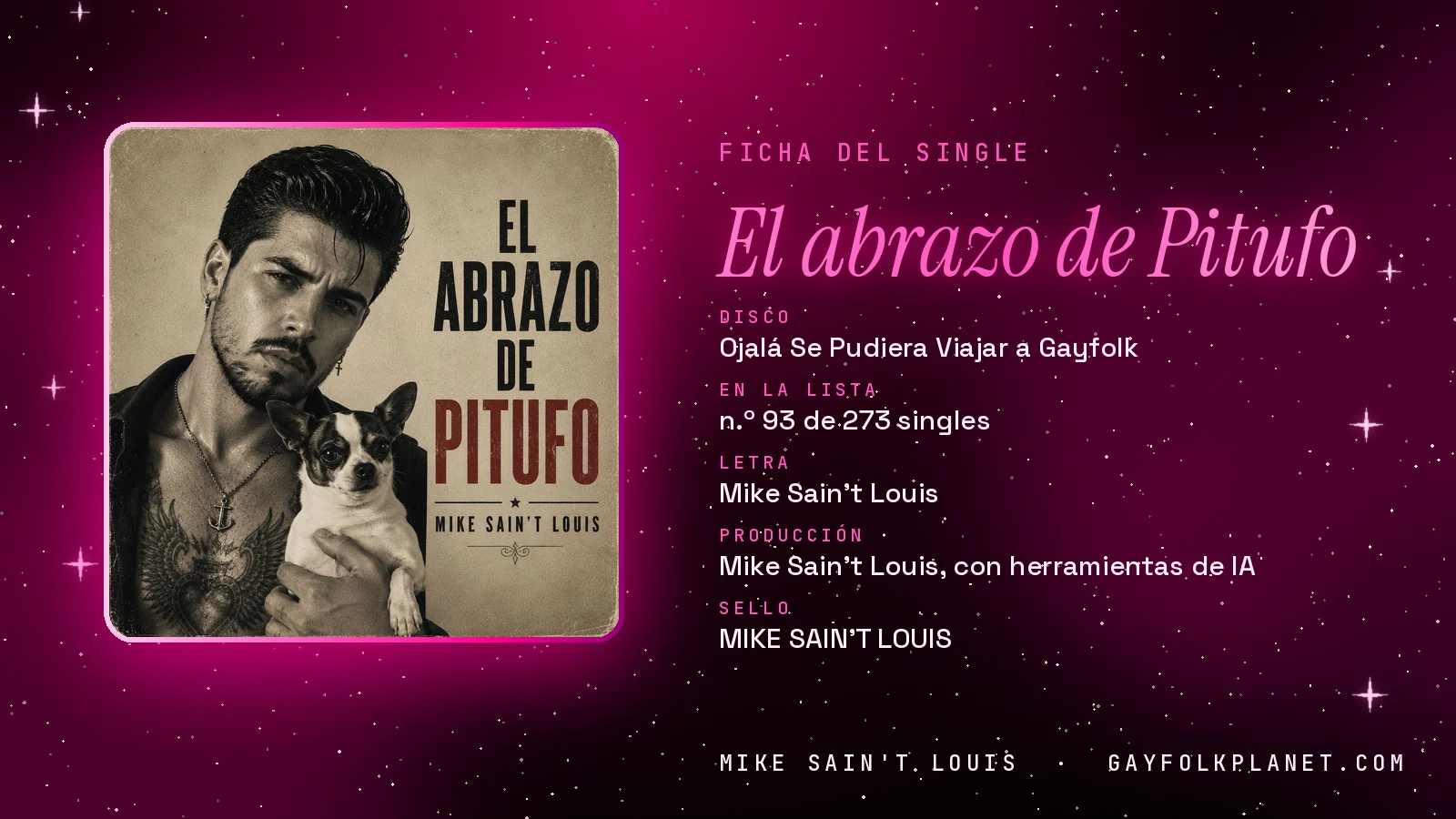 Ficha de la canción «El abrazo de Pitufo» con su carátula: disco «Ojalá Se Pudiera Viajar a Gayfolk», letra y producción de Mike Sain't Louis