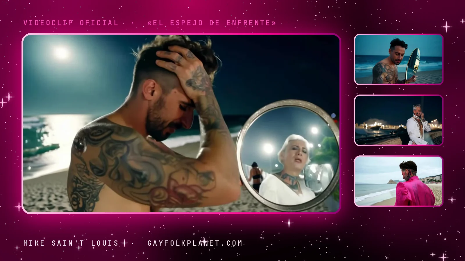 Fotogramas de «El espejo de enfrente»: un hombre tatuado se agarra la cabeza en una playa de noche junto a un espejo redondo, otro plano con el espejo frente al mar, una chaqueta blanca en el paseo marítimo y una chaqueta fucsia en la orilla
