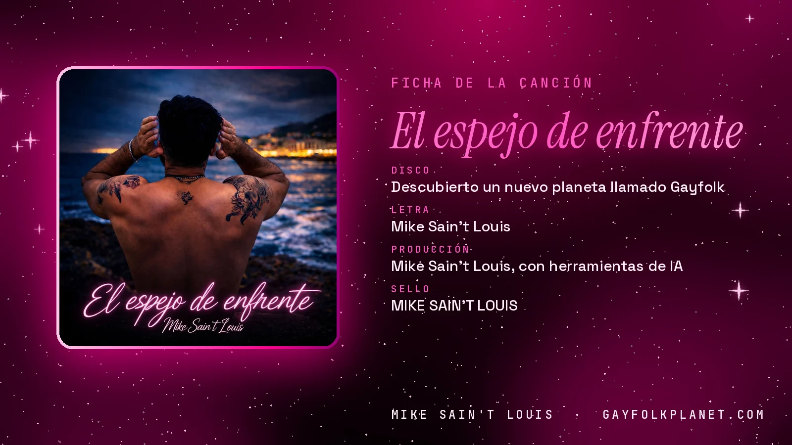 Ficha de «El espejo de enfrente», del disco «Descubierto un nuevo planeta llamado Gayfolk», con su carátula de la espalda tatuada frente a la costa iluminada