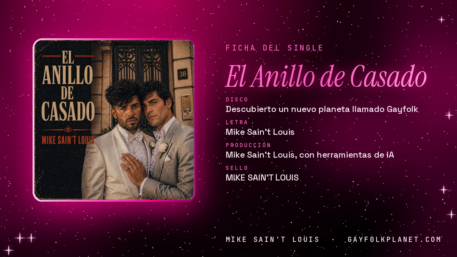 Ficha de la canción «El Anillo de Casado» con su carátula: disco «Descubierto un nuevo planeta llamado Gayfolk», letra y producción de Mike Sain't Louis