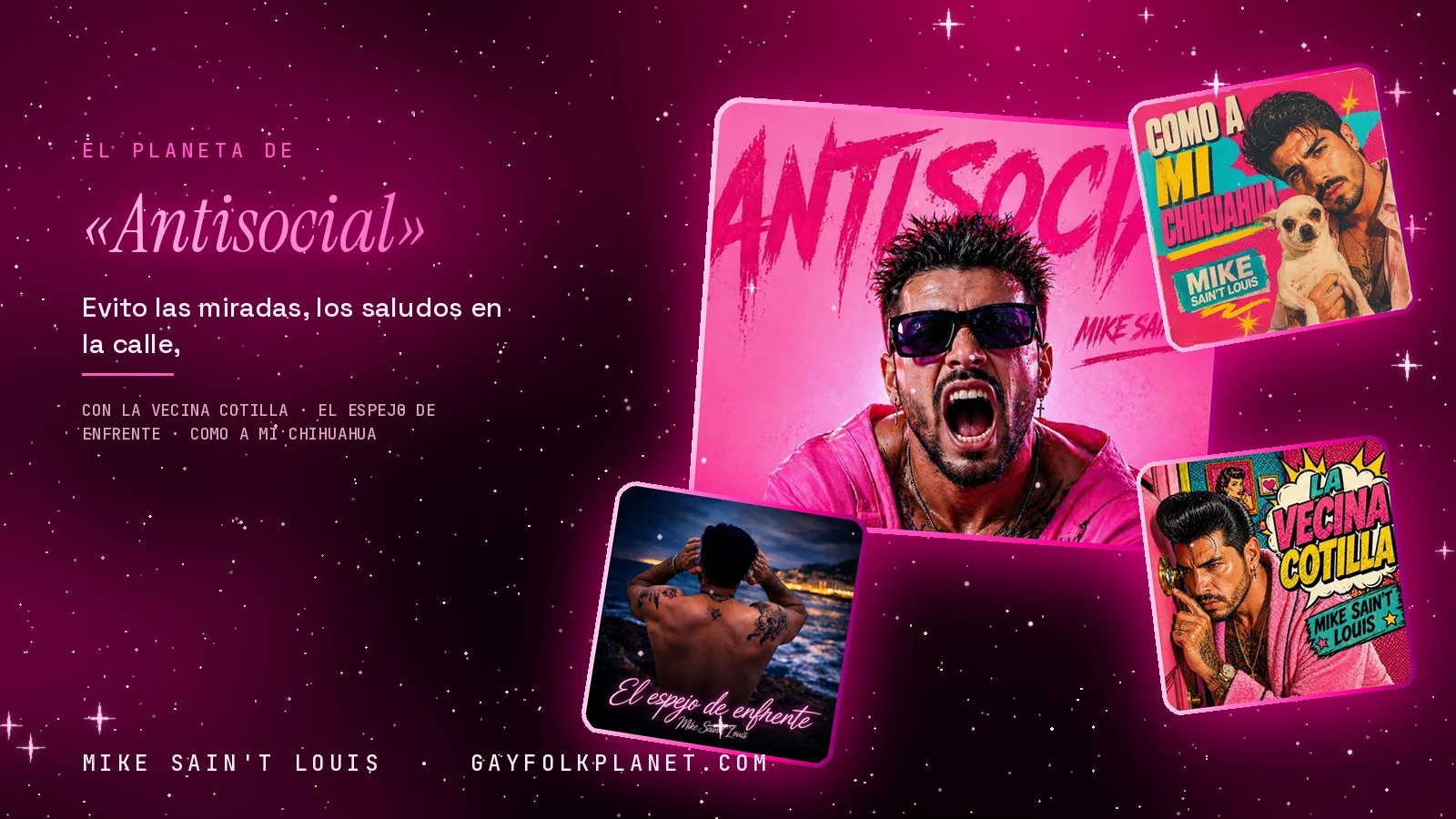 Collage con un detalle de la carátula de «Antisocial» y las carátulas de «La vecina cotilla», «El espejo de enfrente», «Como a mi chihuahua»