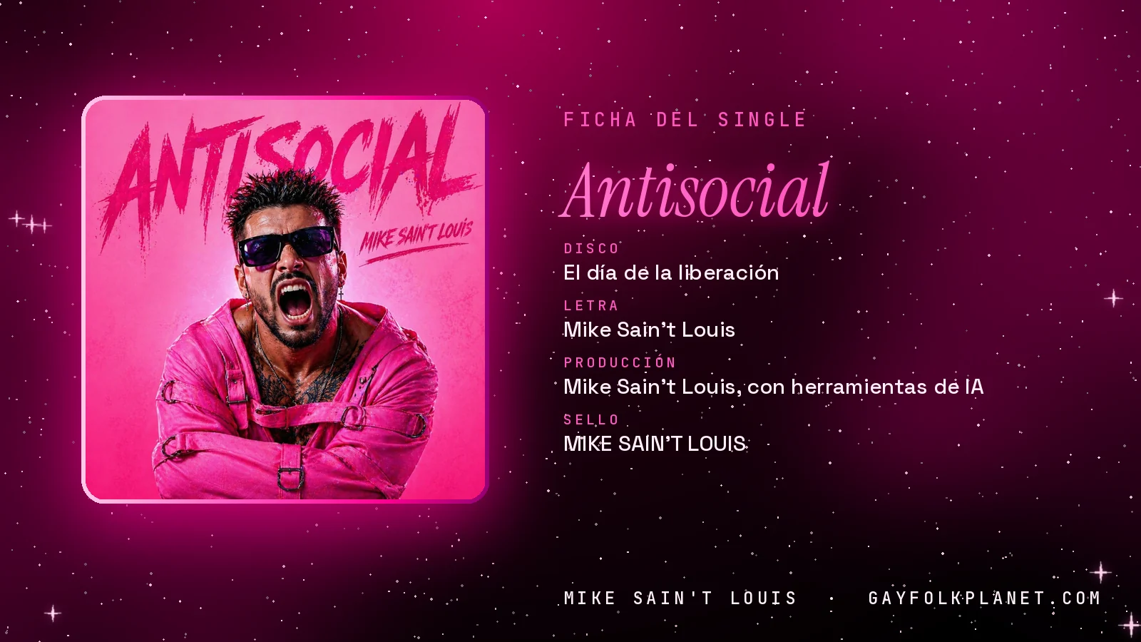 Ficha de la canción «Antisocial» con su carátula: disco «El día de la liberación», letra y producción de Mike Sain't Louis