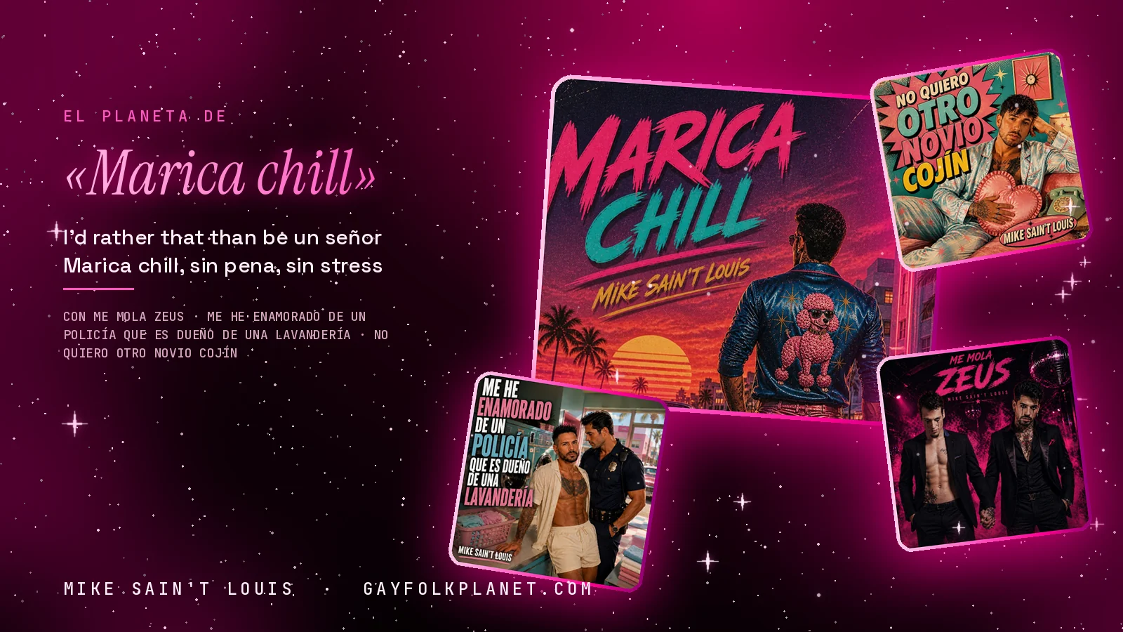 Collage con un detalle de la carátula de «Marica chill» y las carátulas de «Me mola Zeus», «Me he enamorado de un policía que es dueño de una lavandería», «No quiero otro novio cojín»