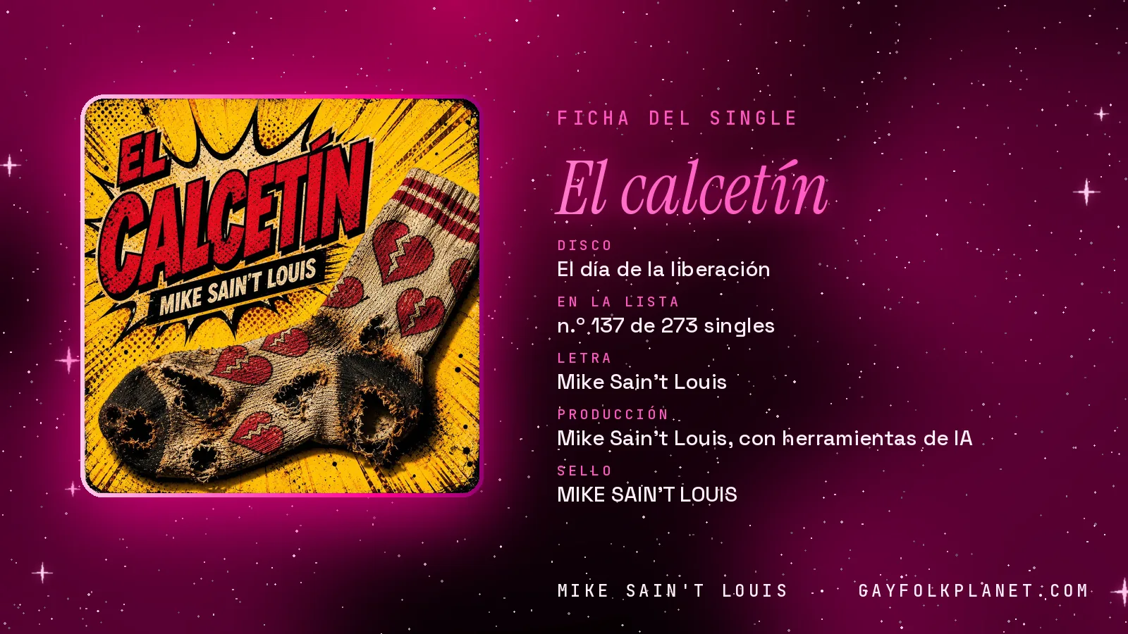 Ficha de la canción «El calcetín» con su carátula: disco «El día de la liberación», letra y producción de Mike Sain't Louis