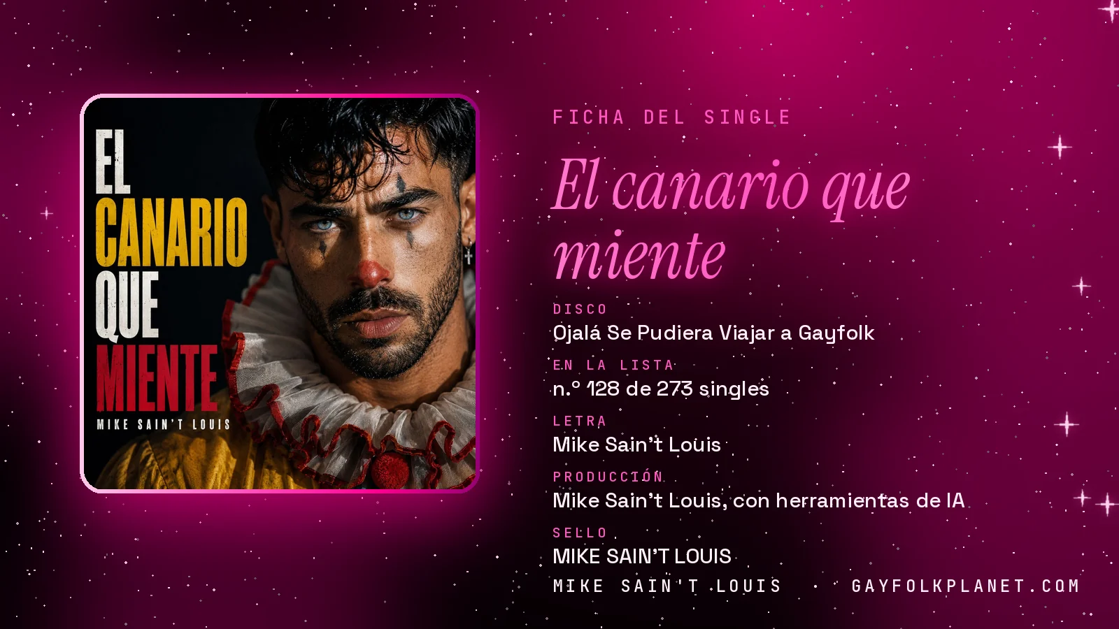 Ficha de la canción «El canario que miente» con su carátula: disco «Ojalá Se Pudiera Viajar a Gayfolk», letra y producción de Mike Sain't Louis
