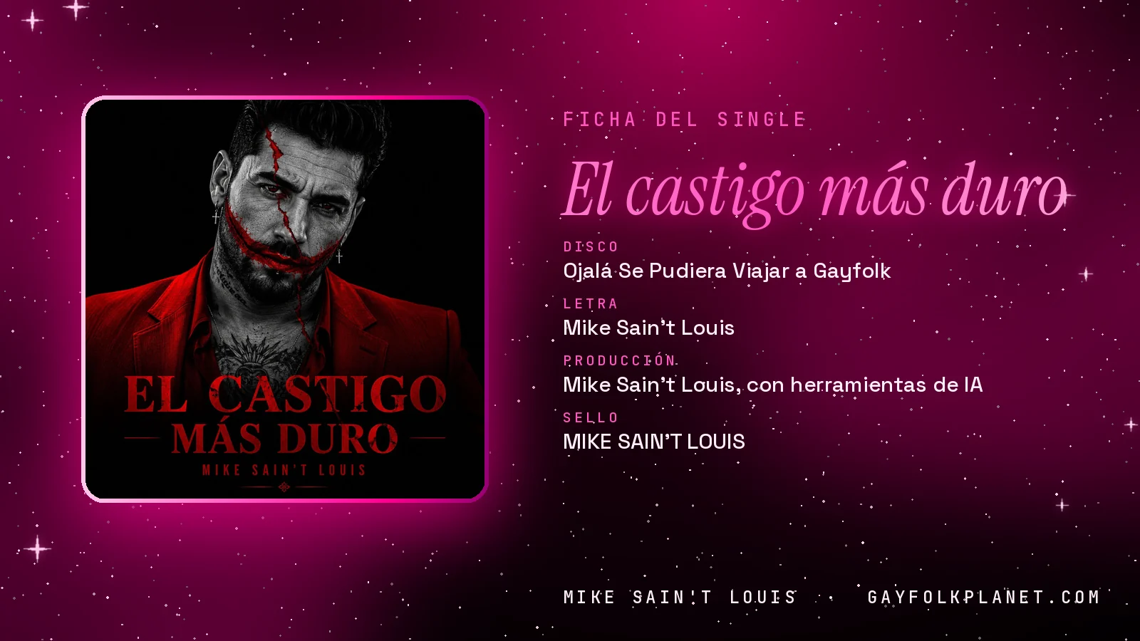 Ficha de la canción «El castigo más duro» con su carátula: disco «Ojalá Se Pudiera Viajar a Gayfolk», letra y producción de Mike Sain't Louis