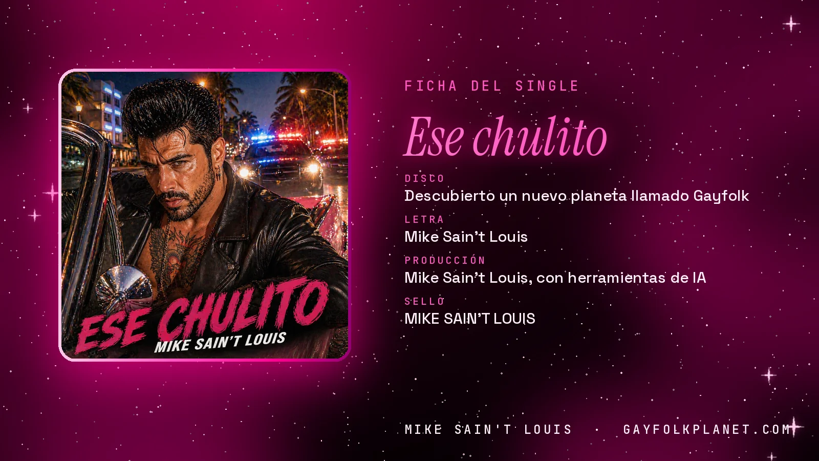 Ficha de la canción «Ese chulito» con su carátula: disco «Descubierto un nuevo planeta llamado Gayfolk», letra y producción de Mike Sain't Louis