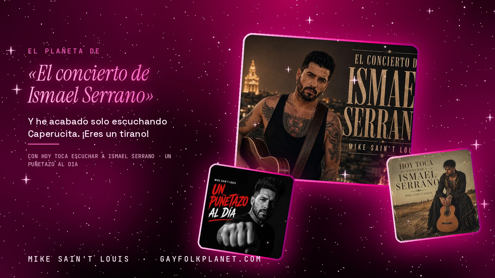 Collage con un detalle de la carátula de «El concierto de Ismael Serrano» y las carátulas de «Hoy toca escuchar a Ismael Serrano», «Un puñetazo al dia»