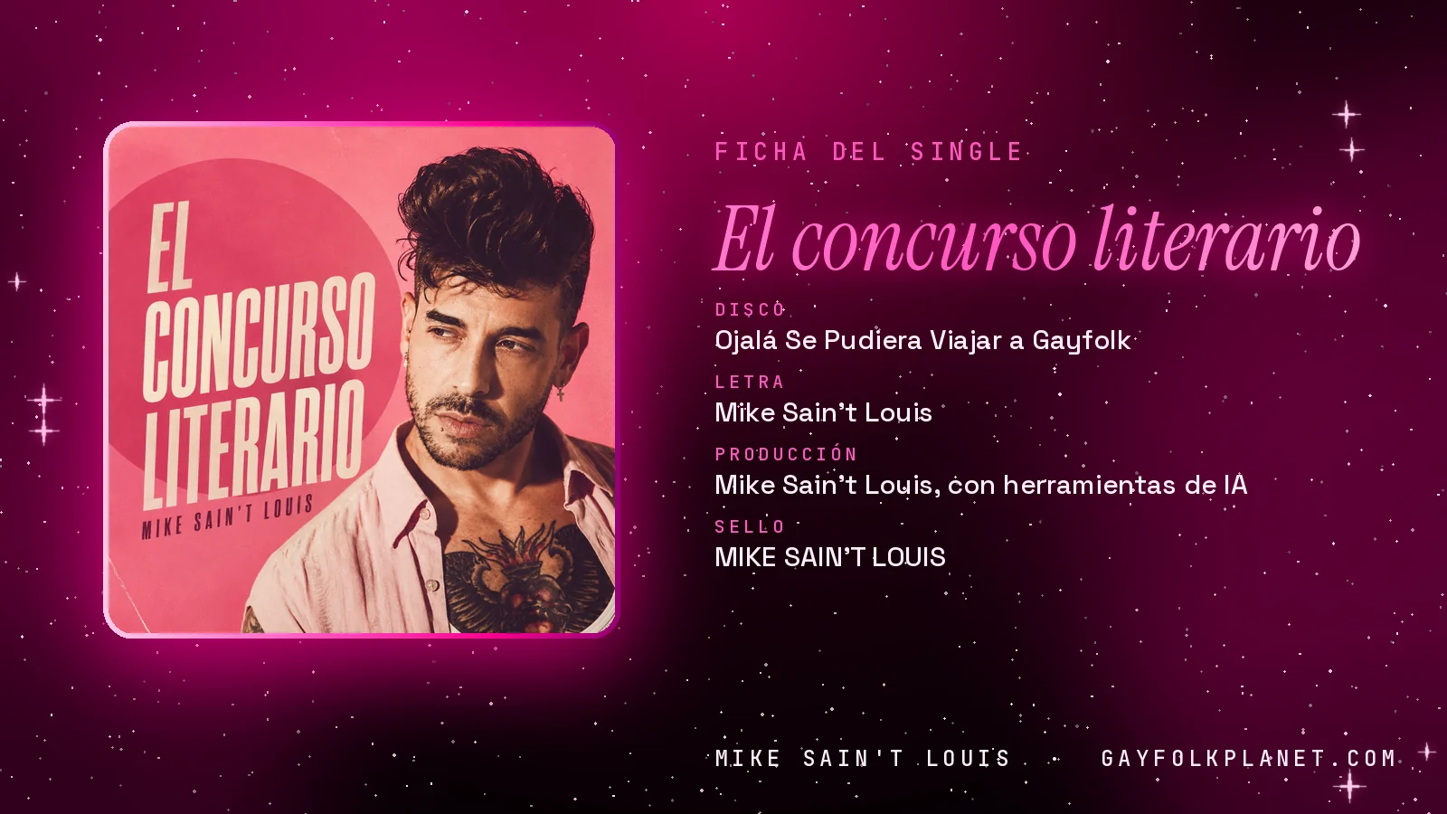 Ficha de la canción «El concurso literario» con su carátula: disco «Ojalá Se Pudiera Viajar a Gayfolk», letra y producción de Mike Sain't Louis