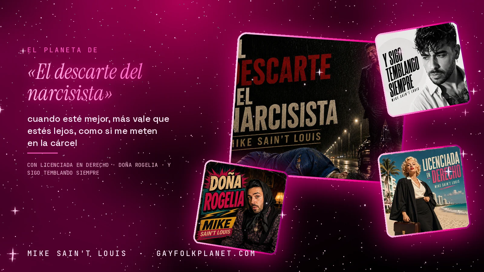 Collage con un detalle de la carátula de «El descarte del narcisista» y las carátulas de «Licenciada en derecho», «Doña Rogelia», «Y sigo temblando siempre»