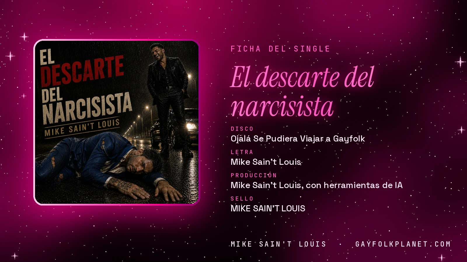 Ficha de la canción «El descarte del narcisista» con su carátula: disco «Ojalá Se Pudiera Viajar a Gayfolk», letra y producción de Mike Sain't Louis