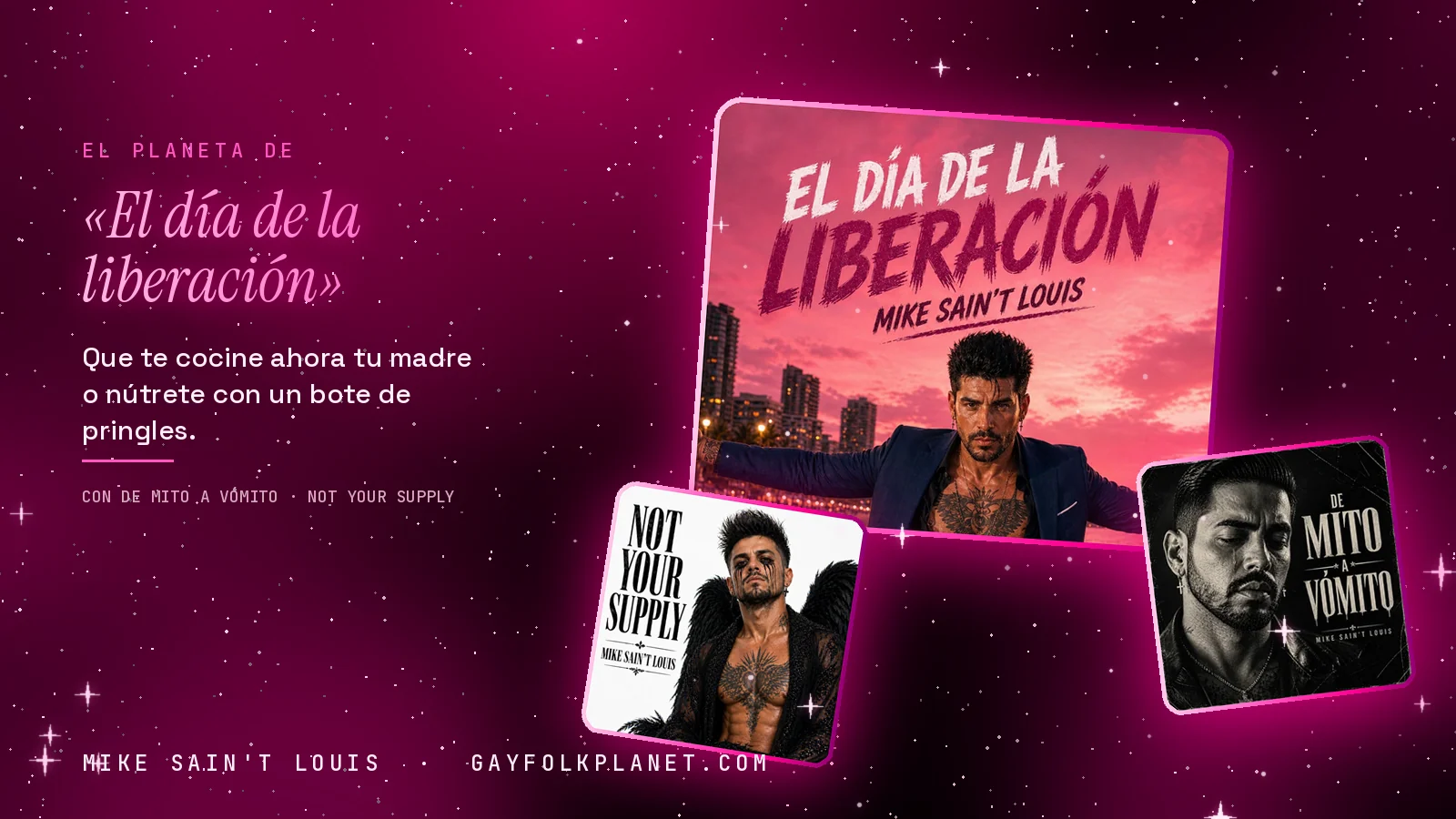 Collage con un detalle de la carátula de «El día de la liberación» y las carátulas de «De mito a vómito», «Not your supply»