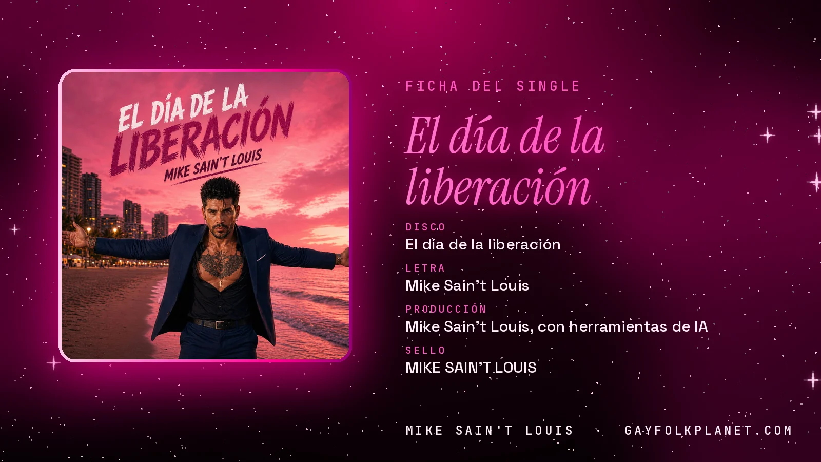 Ficha de la canción «El día de la liberación» con su carátula: disco «El día de la liberación», letra y producción de Mike Sain't Louis