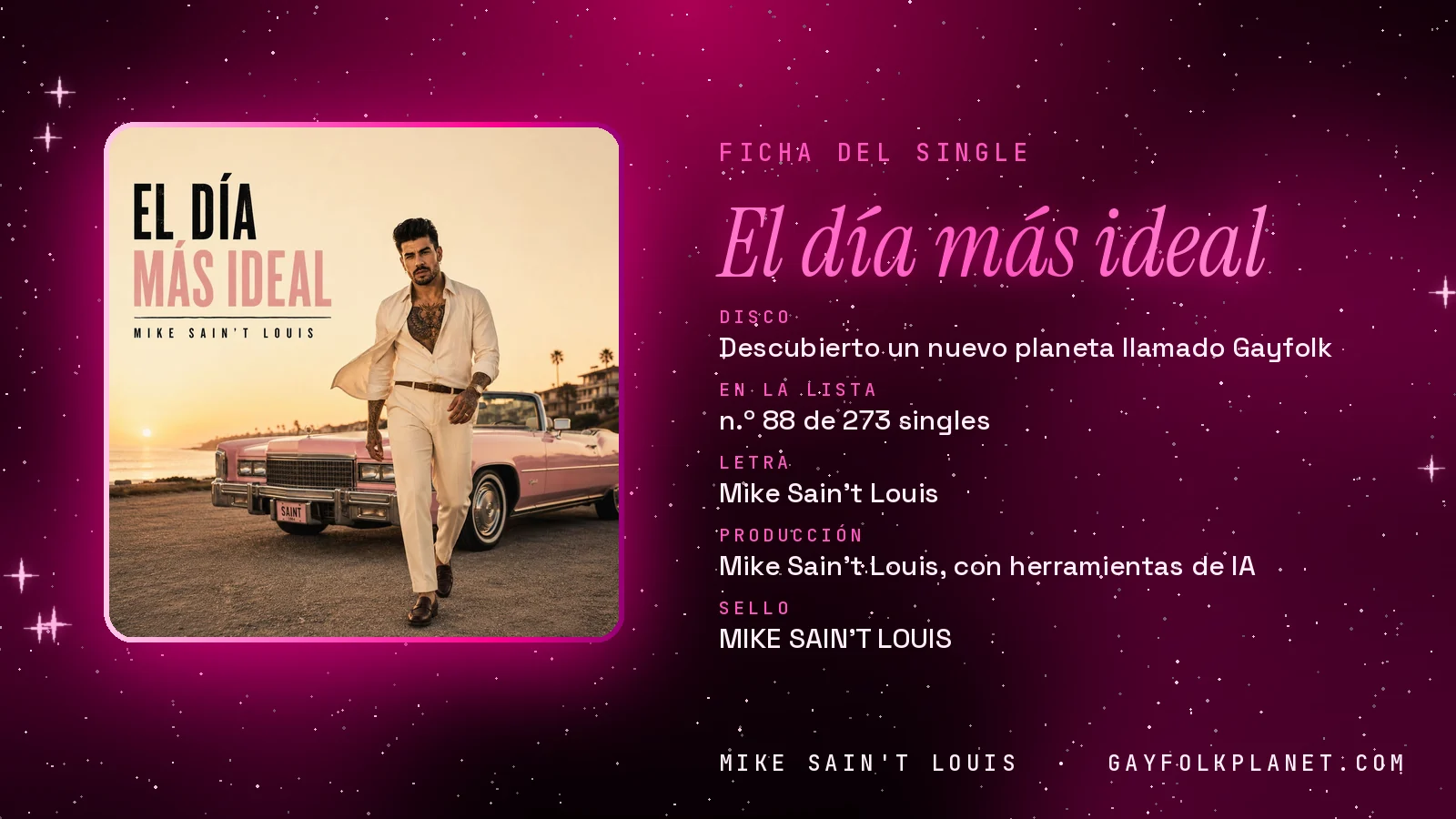 Ficha de la canción «El día más ideal» con su carátula: disco «Descubierto un nuevo planeta llamado Gayfolk», letra y producción de Mike Sain't Louis