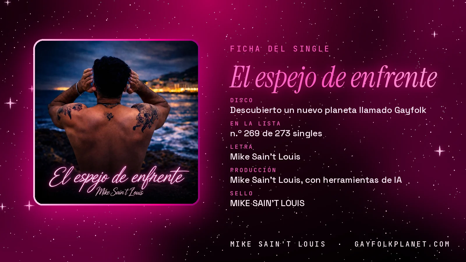 Ficha de la canción «El espejo de enfrente» con su carátula: disco «Descubierto un nuevo planeta llamado Gayfolk», letra y producción de Mike Sain't Louis