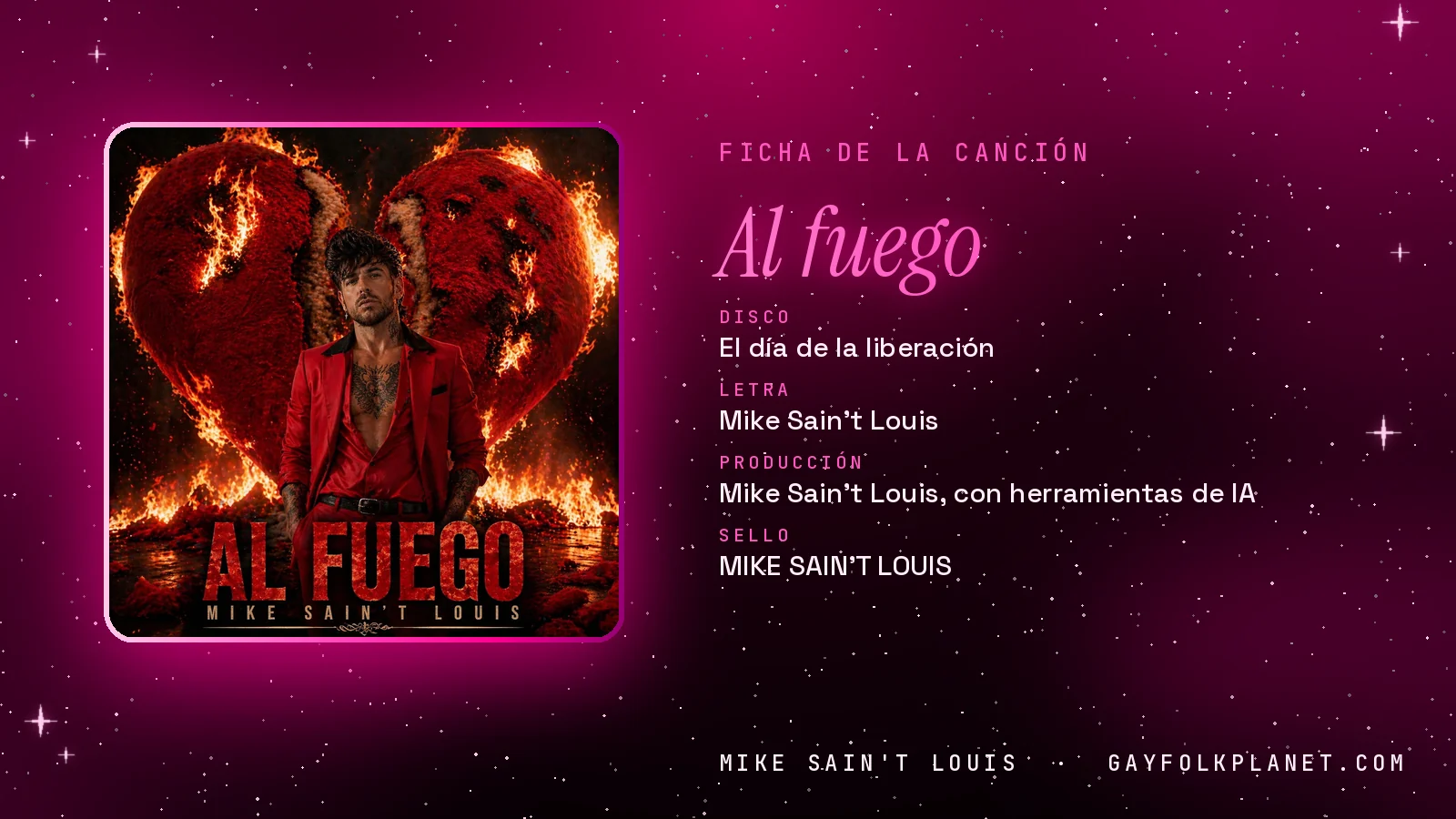 Ficha de «Al fuego» con su carátula: disco «El día de la liberación», letra y producción de Mike Sain't Louis