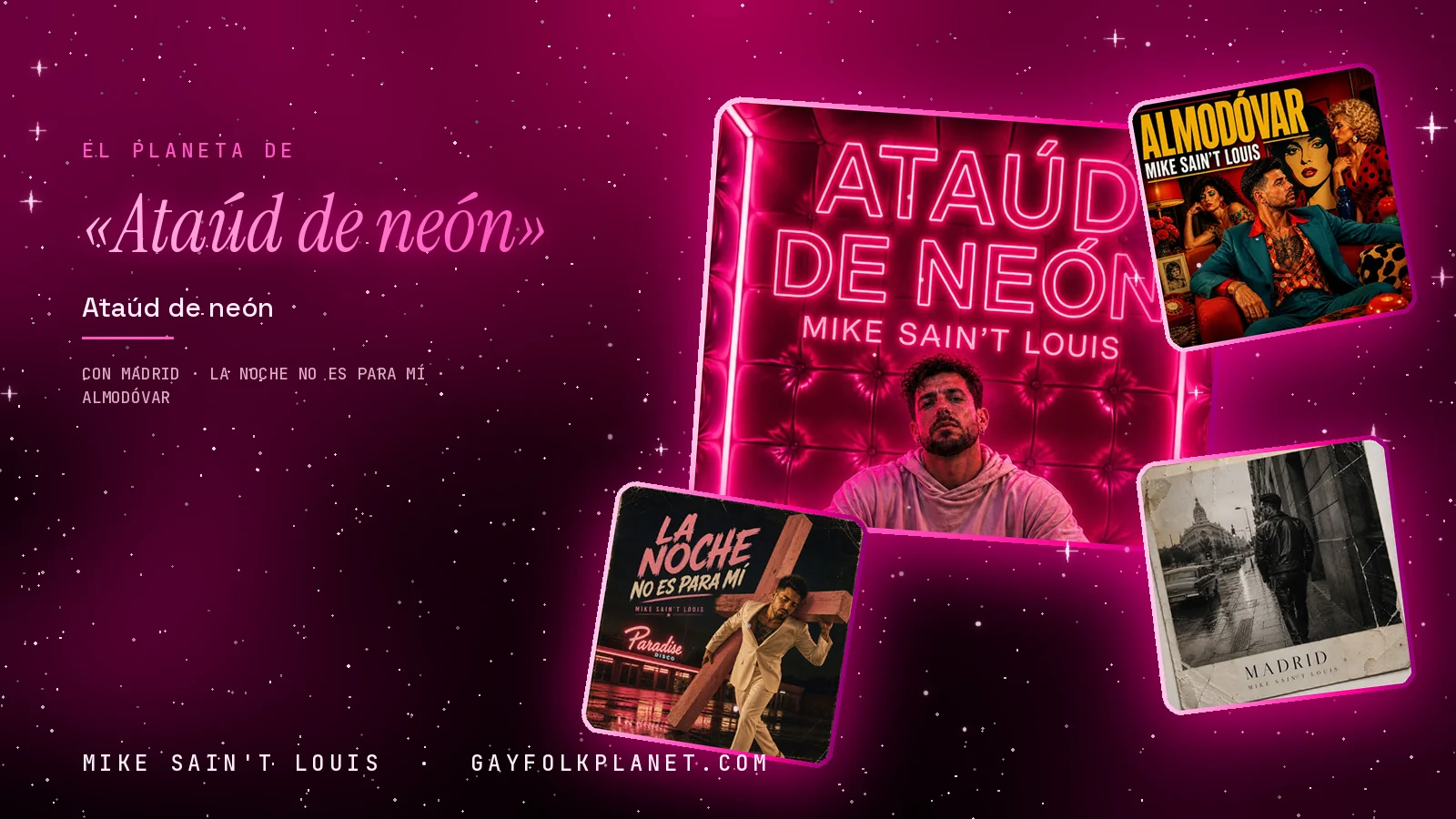 Collage con un detalle de la carátula de «Ataúd de neón» y las carátulas de «Madrid», «La Noche No Es para Mí», «Almodóvar»